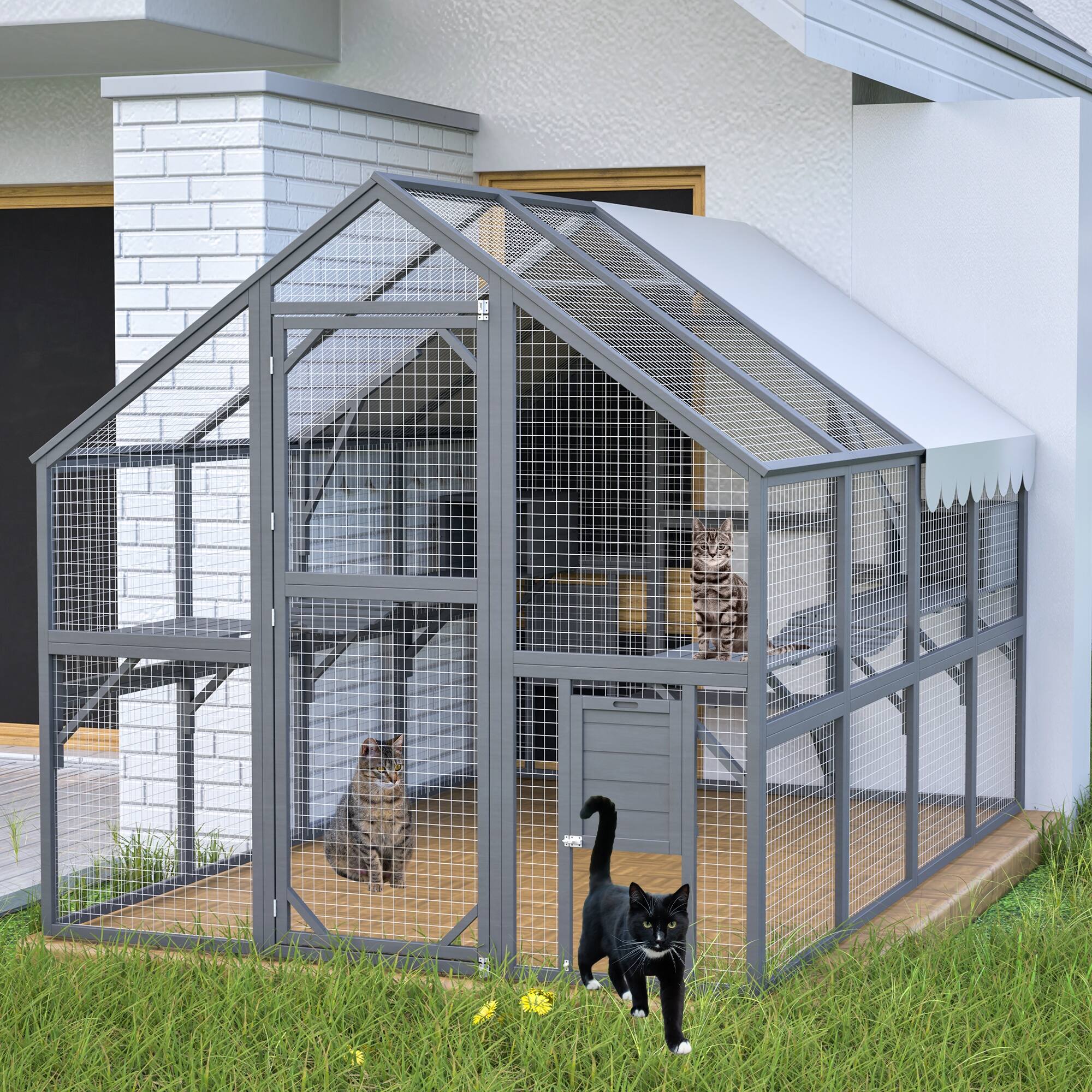 Front. Boyel Living - Extra-Large Outdoor Cat Enclosure with Platforms - Grey.