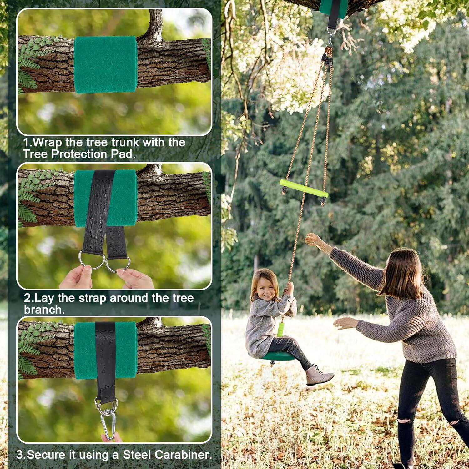 1. Wrap the tree trunk with the Tree Protection Pad.
2. Lay the strap around the tree branch.
3. Secure it using a Steel Carabiner.