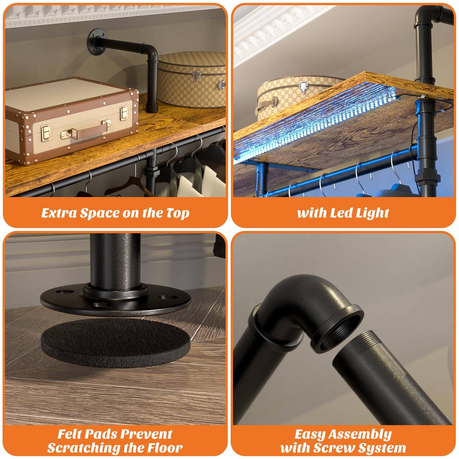 Extra Space on the Top with Led Light  
Felt Pads Prevent Scratching the Floor  
Easy Assembly with Screw System