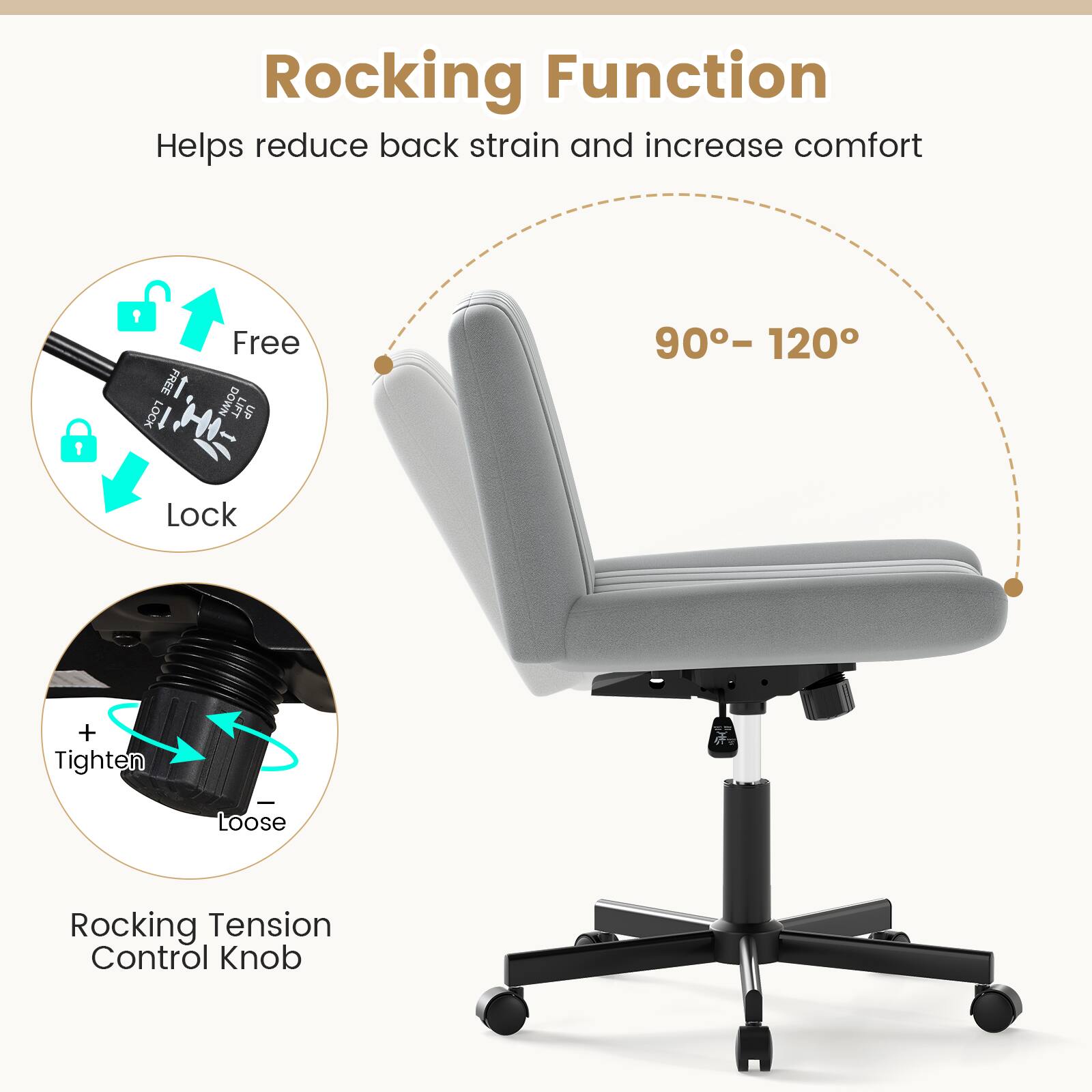 Rocking Function  
Helps reduce back strain and increase comfort  

Free  
Lock  

90° – 120°  

Rocking Tension Control Knob  
Tighten  
Loose