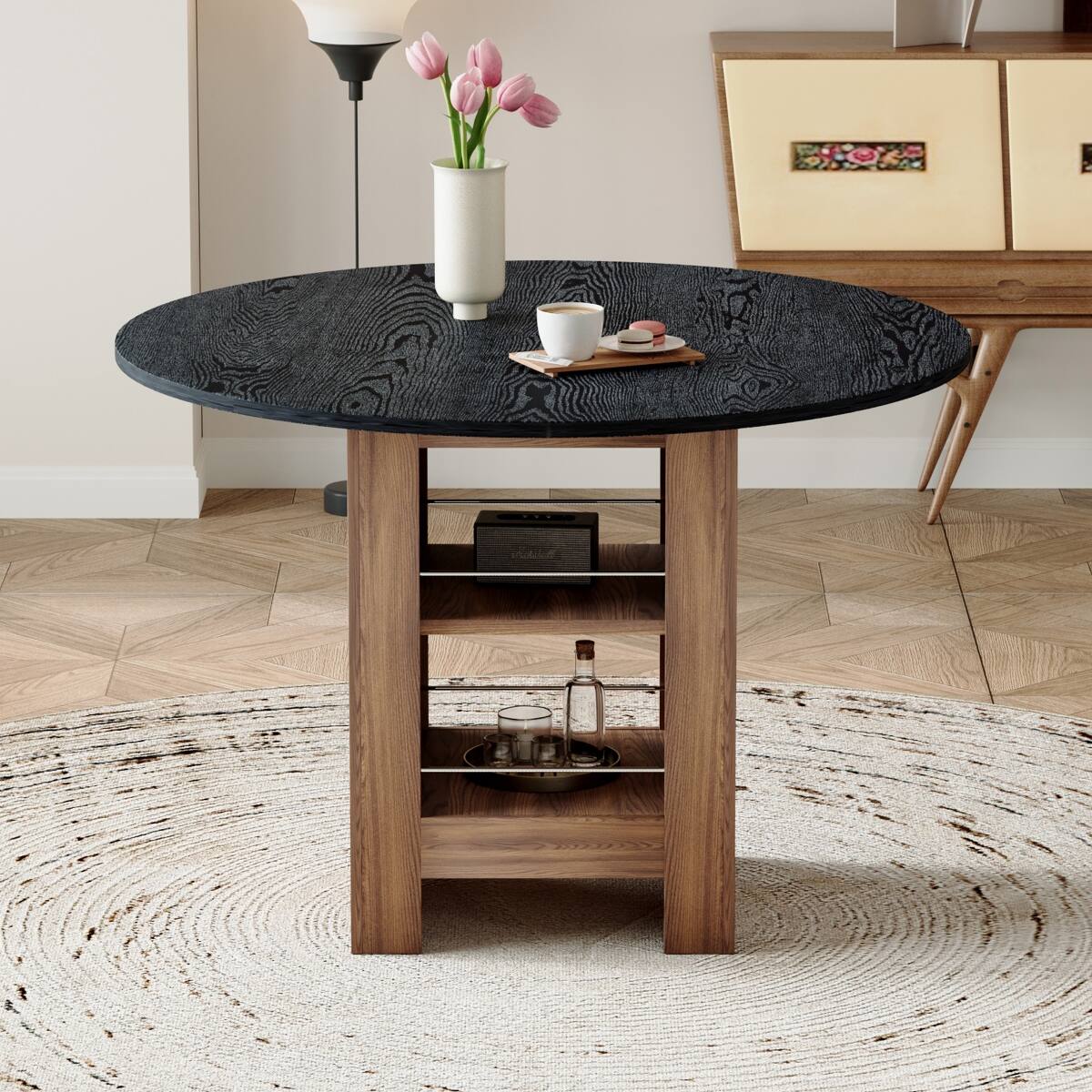 Angle. Loheer - Loheer 42 inch Round Dining Table with Storage Shelves, Black MDF Top, 30 inch High - Black and Wood.
