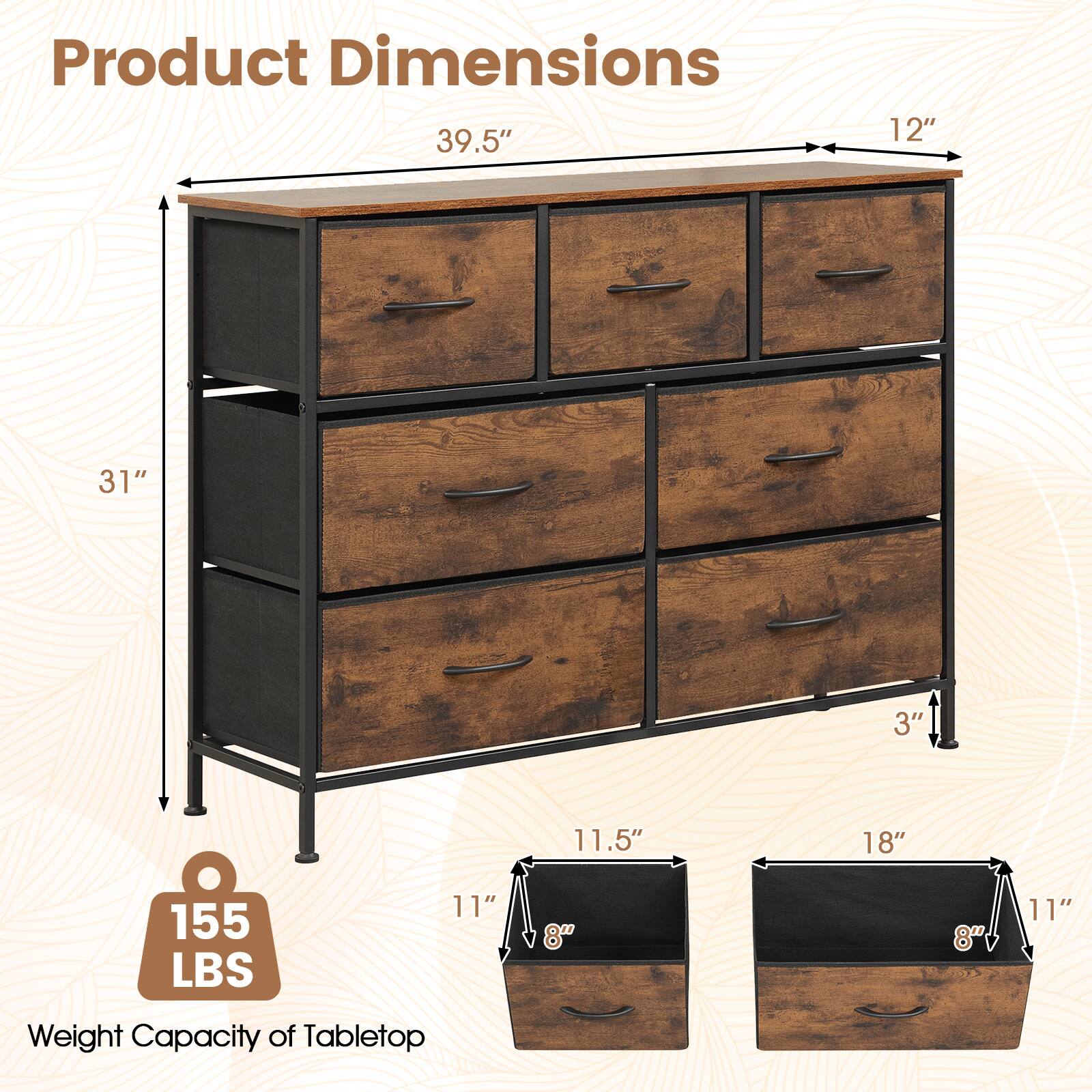 Product Dimensions  
39.5"  
12"  
31"  
3"  
11.5"  
18"  
11"  
8"  
8"  
11"  

Weight Capacity of Tabletop  
155 LBS