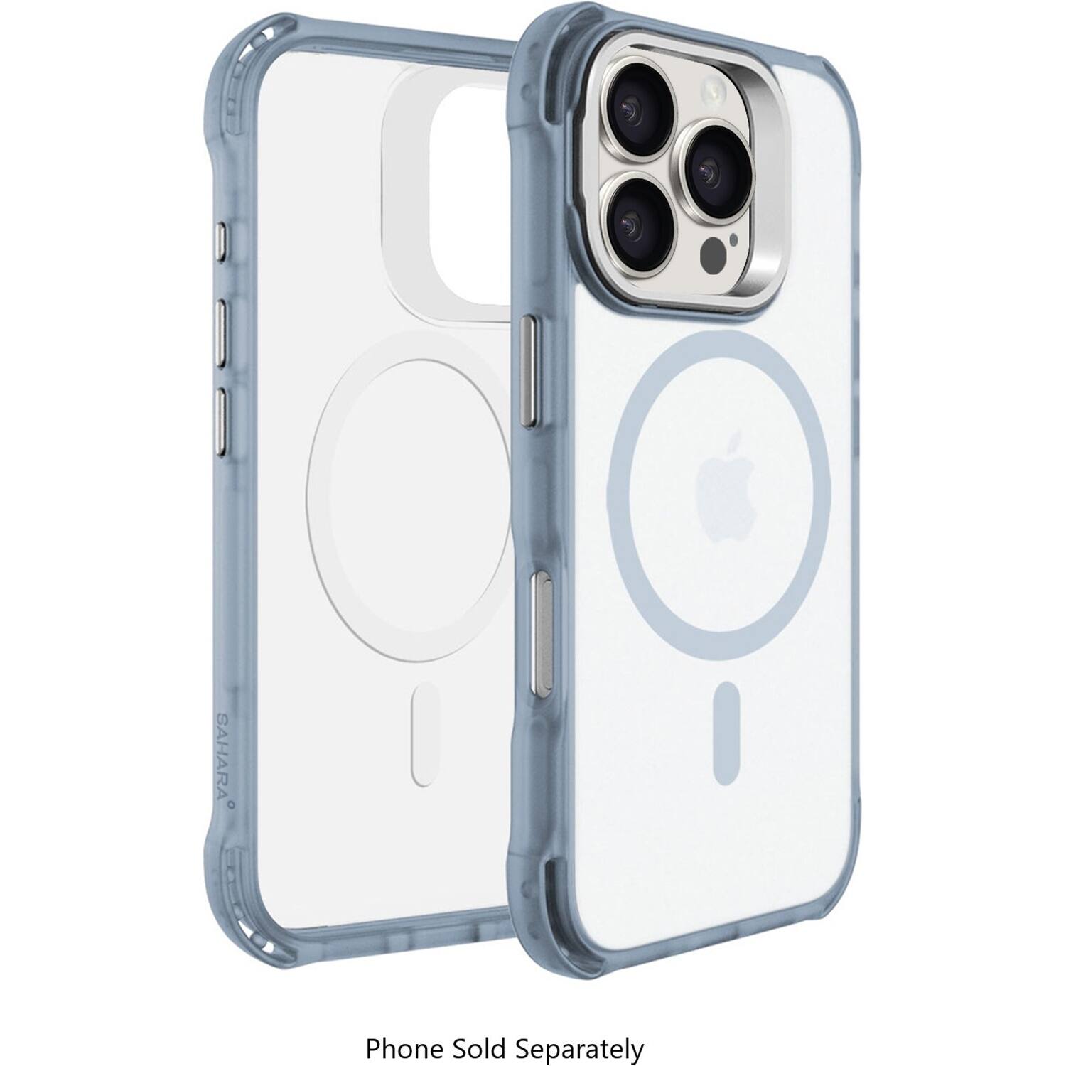The image features a white iPhone case with a blue and clear design. The case is designed to protect the phone and is sold separately. The case is displayed in a close-up view, highlighting its features and design.