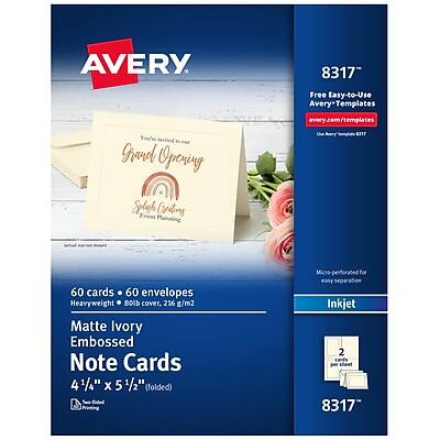 AVERY 8317  
Free Easy-to-Use Avery Templates  
avery.com/templates  

Grand Opening  
Suloh Craing Event  

60 cards • 60 envelopes  
Heavyweight • 60lb cover, 216 g/m2  
Matte Ivory  
Embossed Note Cards  
4 1/4" x 5 1/2" (folded)  
Micro perforated for easy separation  

Inkjet  
2 cards per sheet  

8317