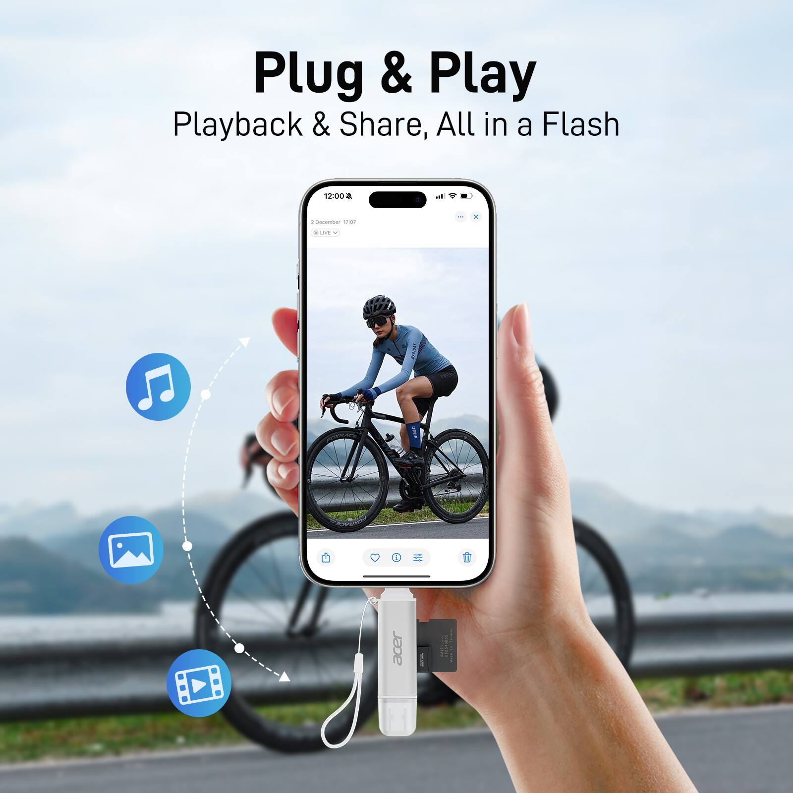 Plug & Play  
Playback & Share, All in a Flash  

12:00  
2 December 1:02  
LIVE
