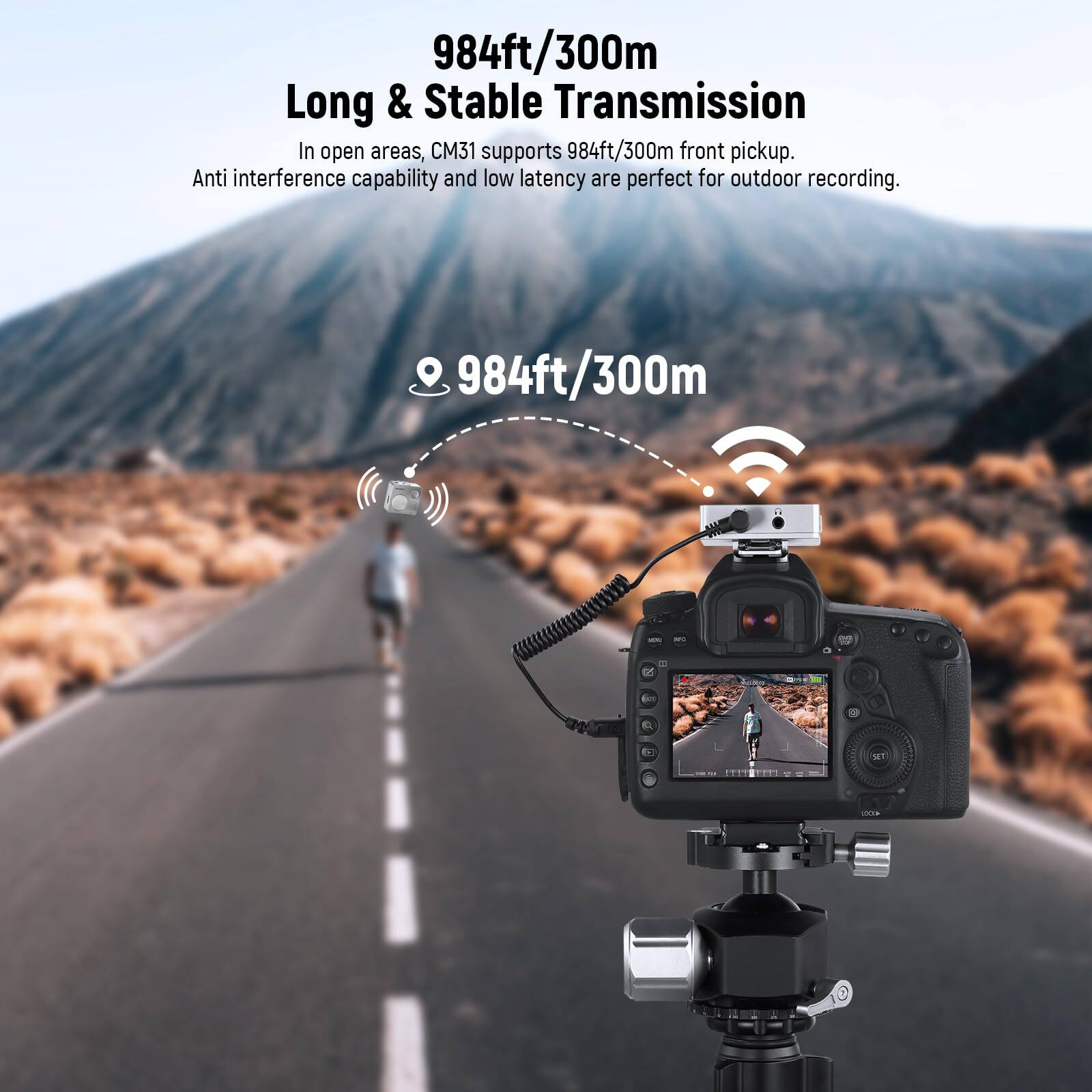 984ft/300m Long & Stable Transmission

In open areas, CM31 supports 984ft/300m front pickup. Anti interference capability and low latency are perfect for outdoor recording.
