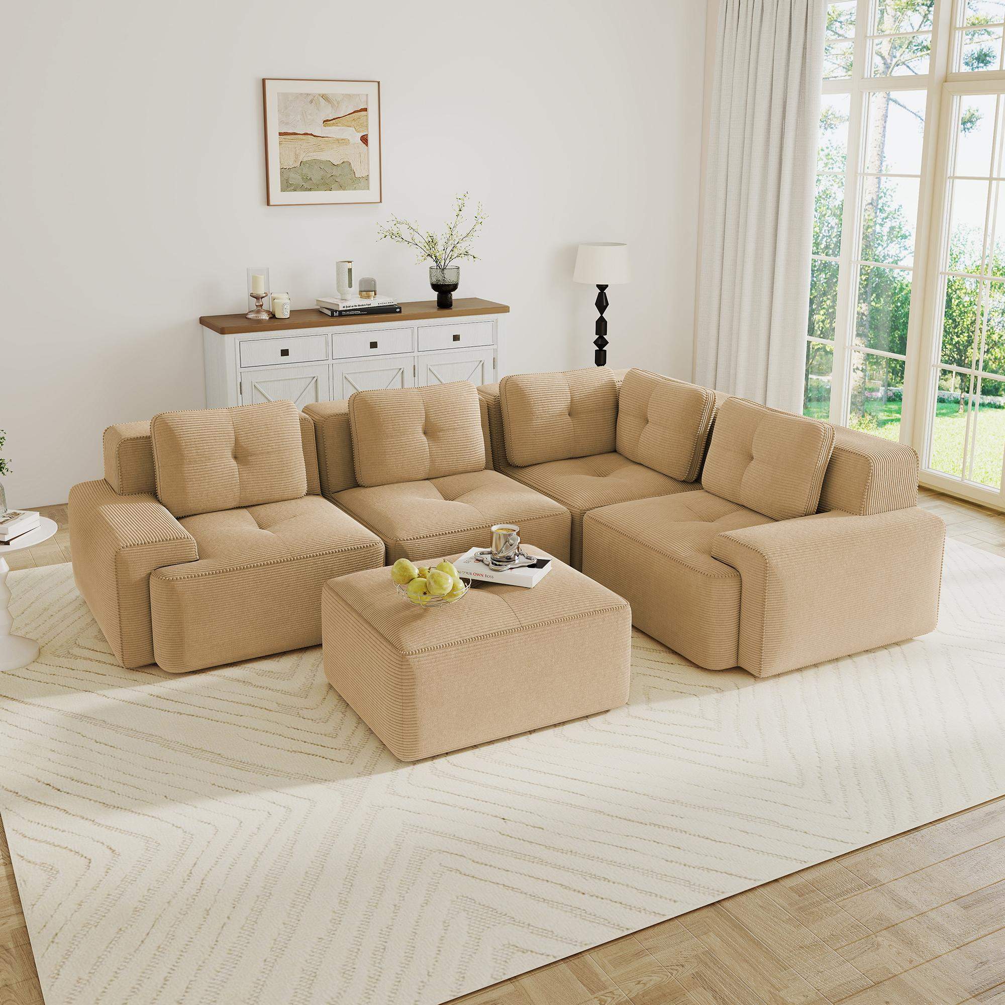 Back. Roomtec - Modern Modular Sectional Sofa with 4SeaterV Shaped Corner CouchCorduroy FabricDeep Seat for Living Room Movable - Camel.