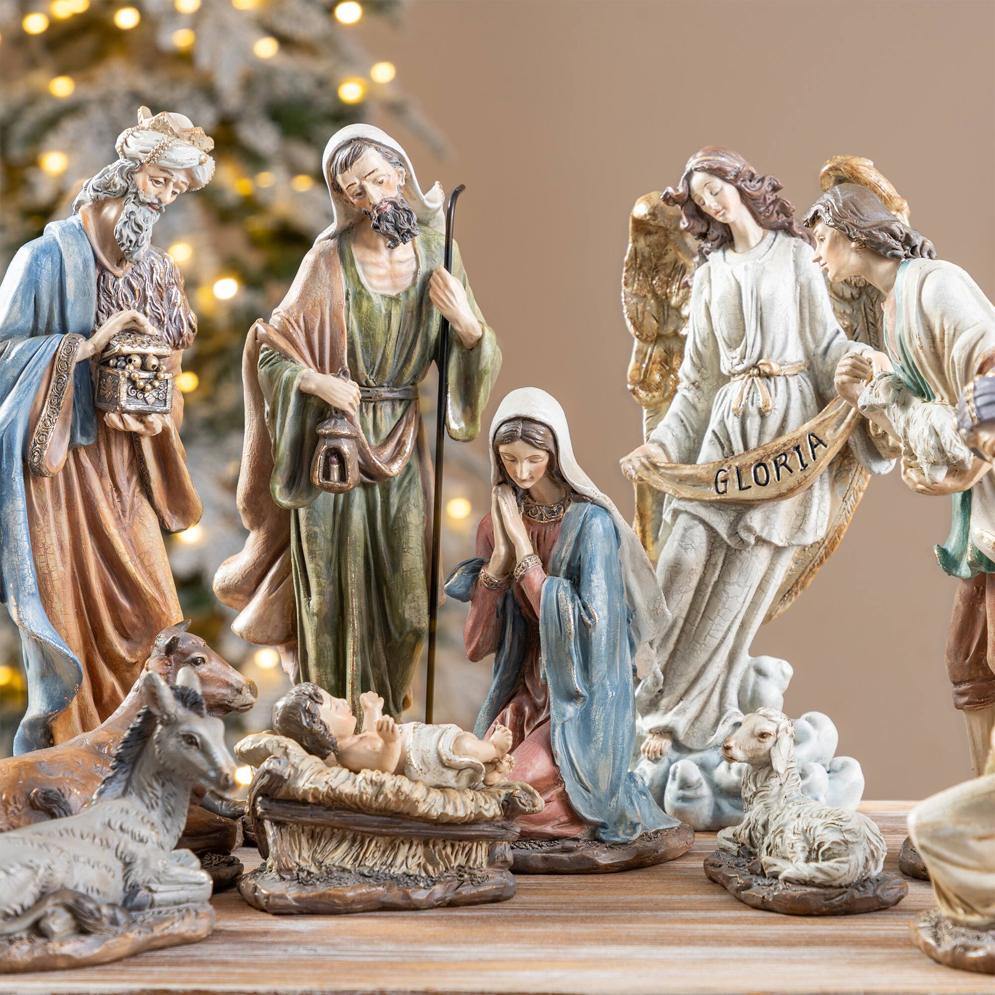Alt View 5. Glitzhome - 11pcs Fresco Textured Resin Nativity Figurine Set - Multi-Colored.