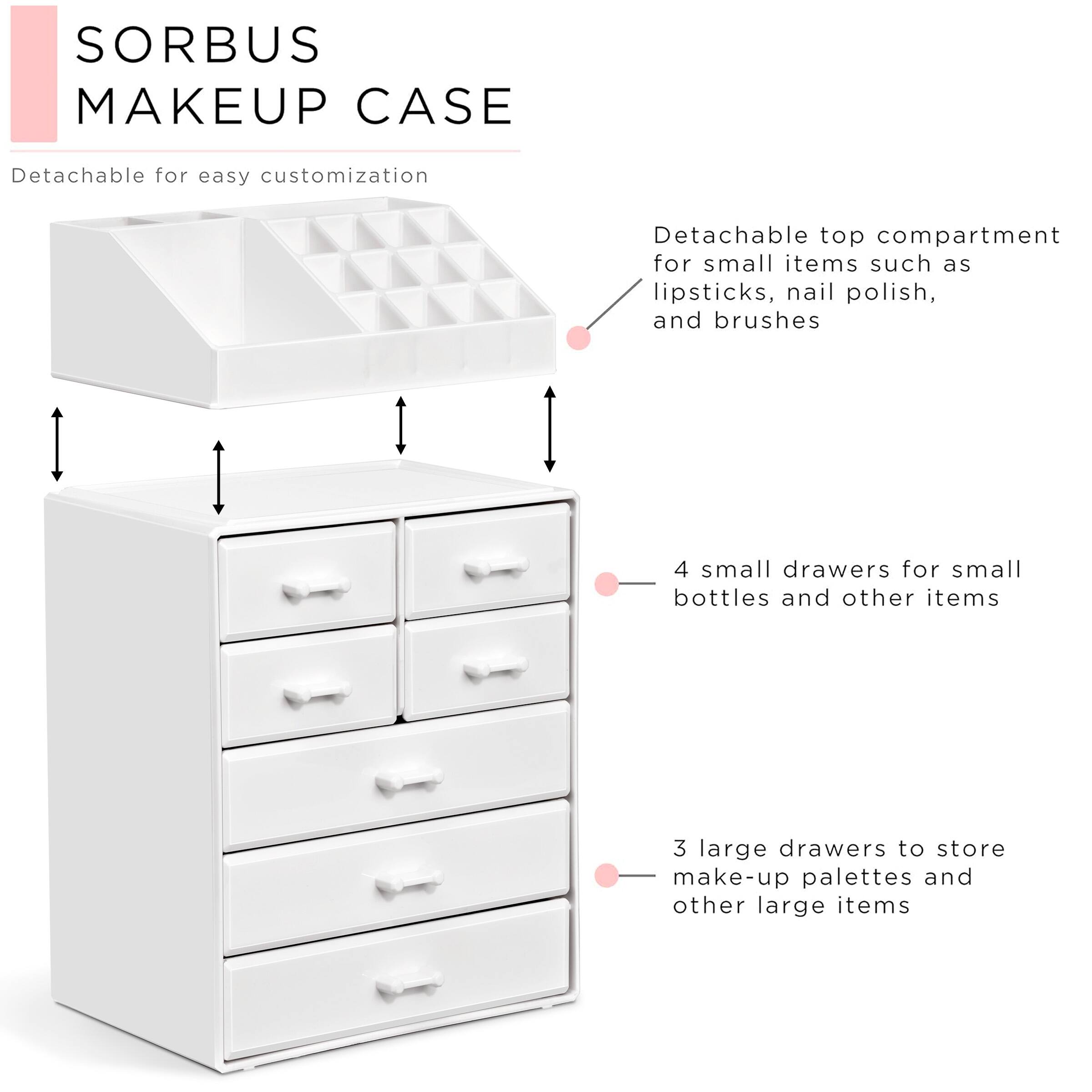 SORBUS MAKEUP CASE

Detachable for easy customization

- Detachable top compartment for small items such as lipsticks, nail polish, and brushes
- 4 small drawers for small bottles and other items
- 3 large drawers to store make-up palettes and other large items