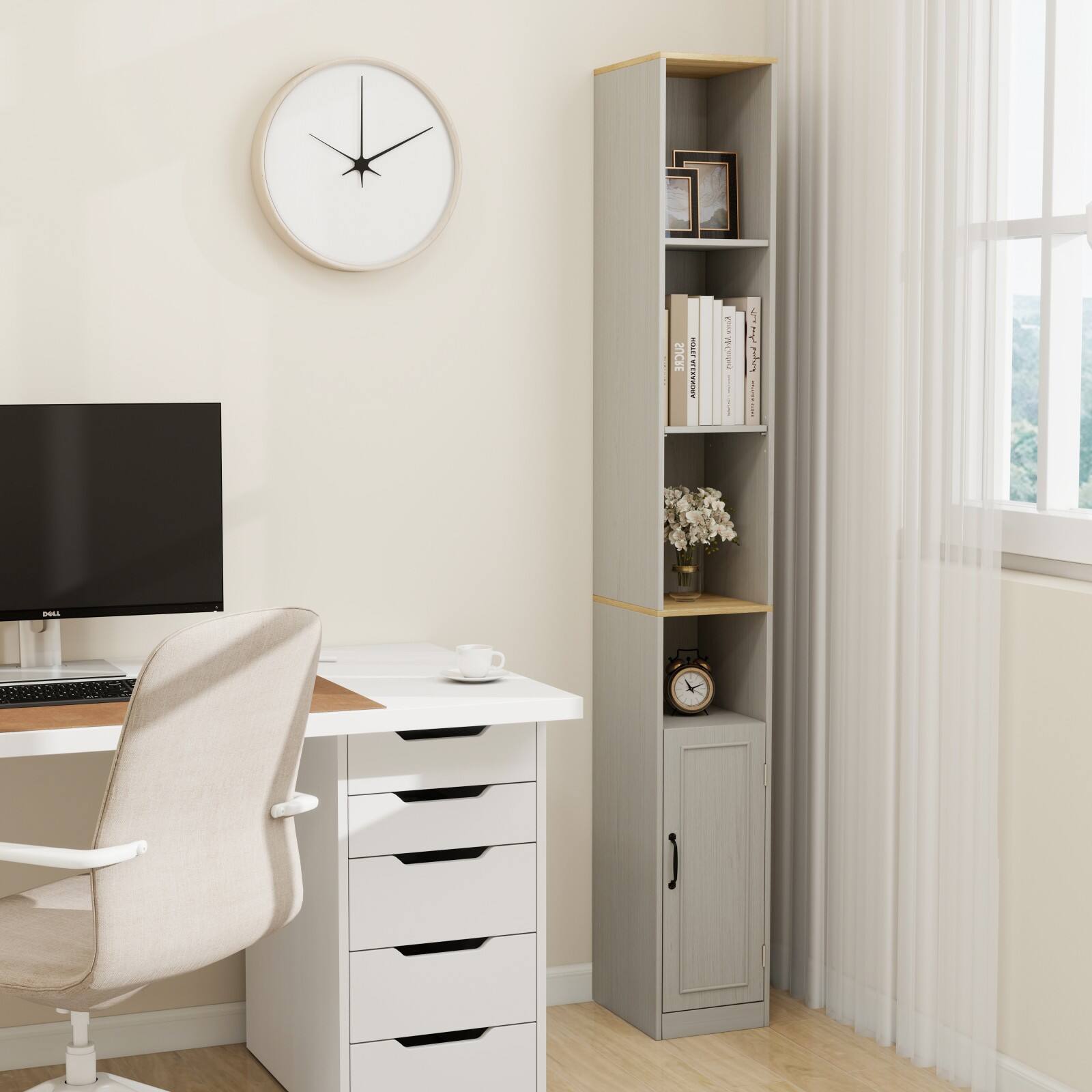 Alt View 5. Ecooso - 72" 6-Tier Tall Slim Storage Cabinet, 1 Door and 2 Adjustable Shelves, Bookcase , Cube CD DVD Storage Cabinet - Brown.