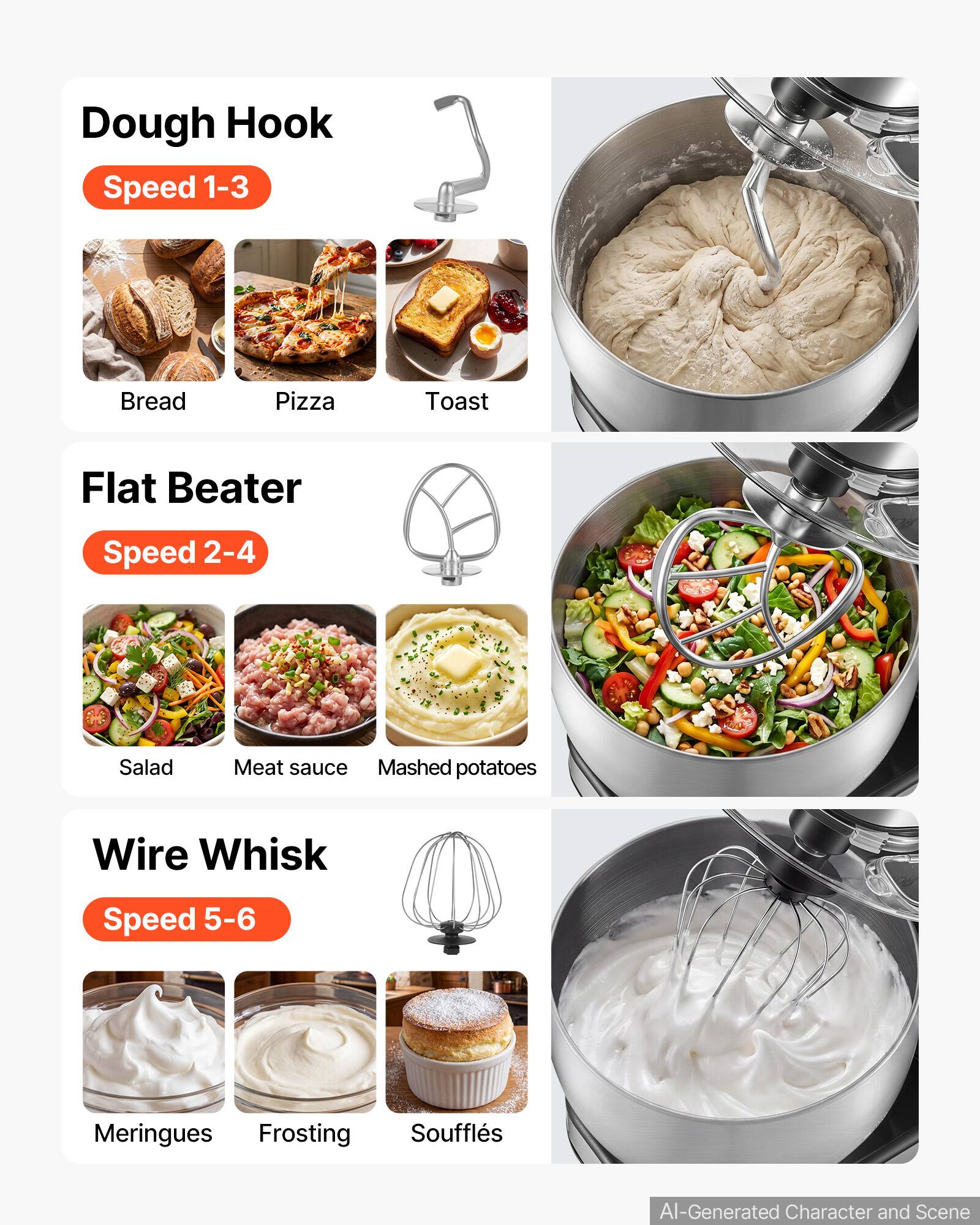Dough Hook  
Speed 1-3  
Bread, Pizza, Toast  

Flat Beater  
Speed 2-4  
Salad, Meat sauce, Mashed potatoes  

Wire Whisk  
Speed 5-6  
Meringues, Frosting, Soufflés  

AI-Generated Character and Scene