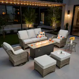 Ovios - 7 PCS Patio Furniture High Back Sofa Set with 54" Fire Pit Table, Swivel Chairs & Ottoman - Gray(Gray Wicker)