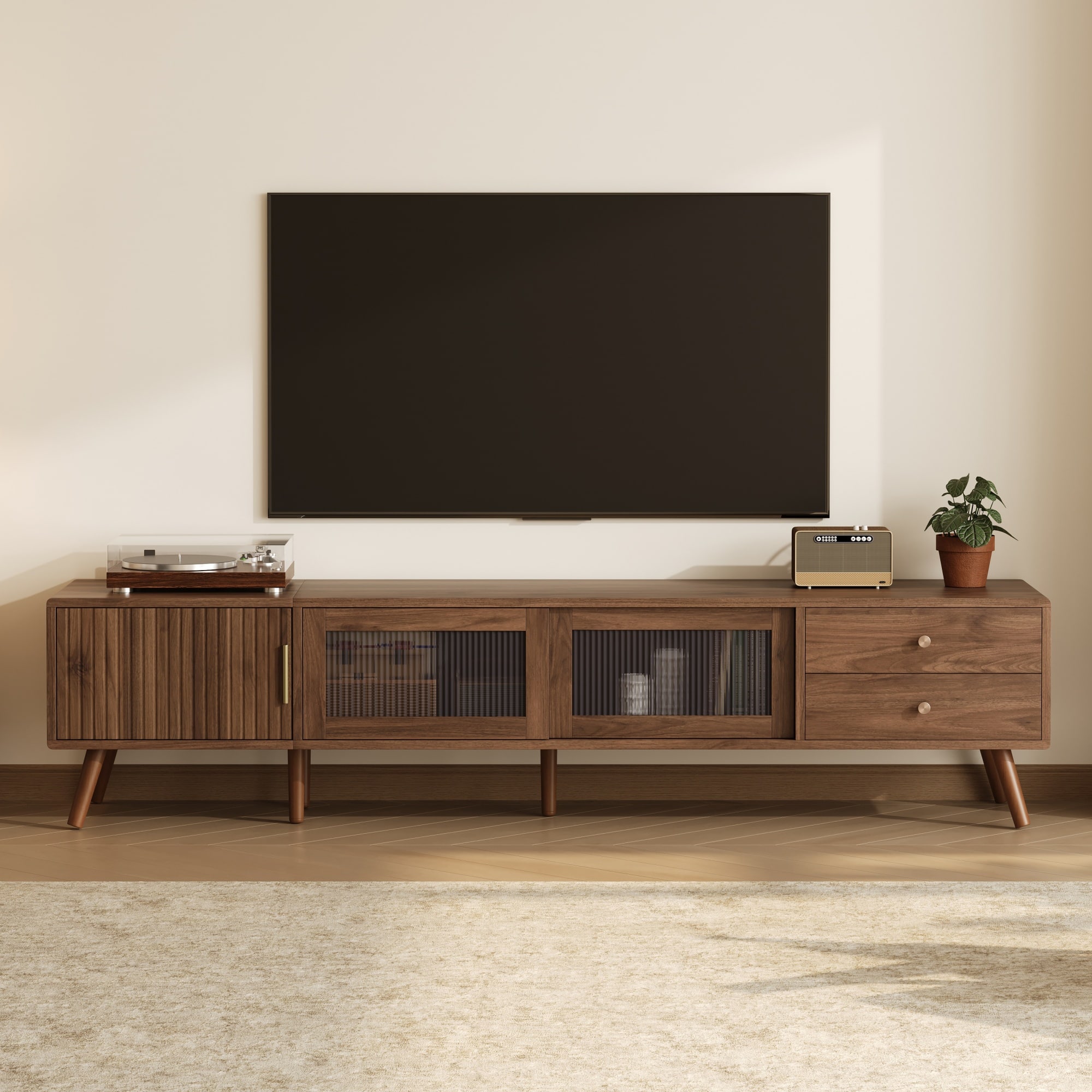 Z-Edge - 76" TV Stand for TVs up to 85", Entertainment Center with Storage Cabinets,Glass-Doors, TV Media Console for Living Room - Walnut