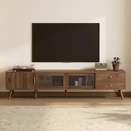 Z-Edge - 76" TV Stand for TVs up to 85", Entertainment Center with Storage Cabinets,Glass-Doors, TV Media Console for Living Room - Walnut