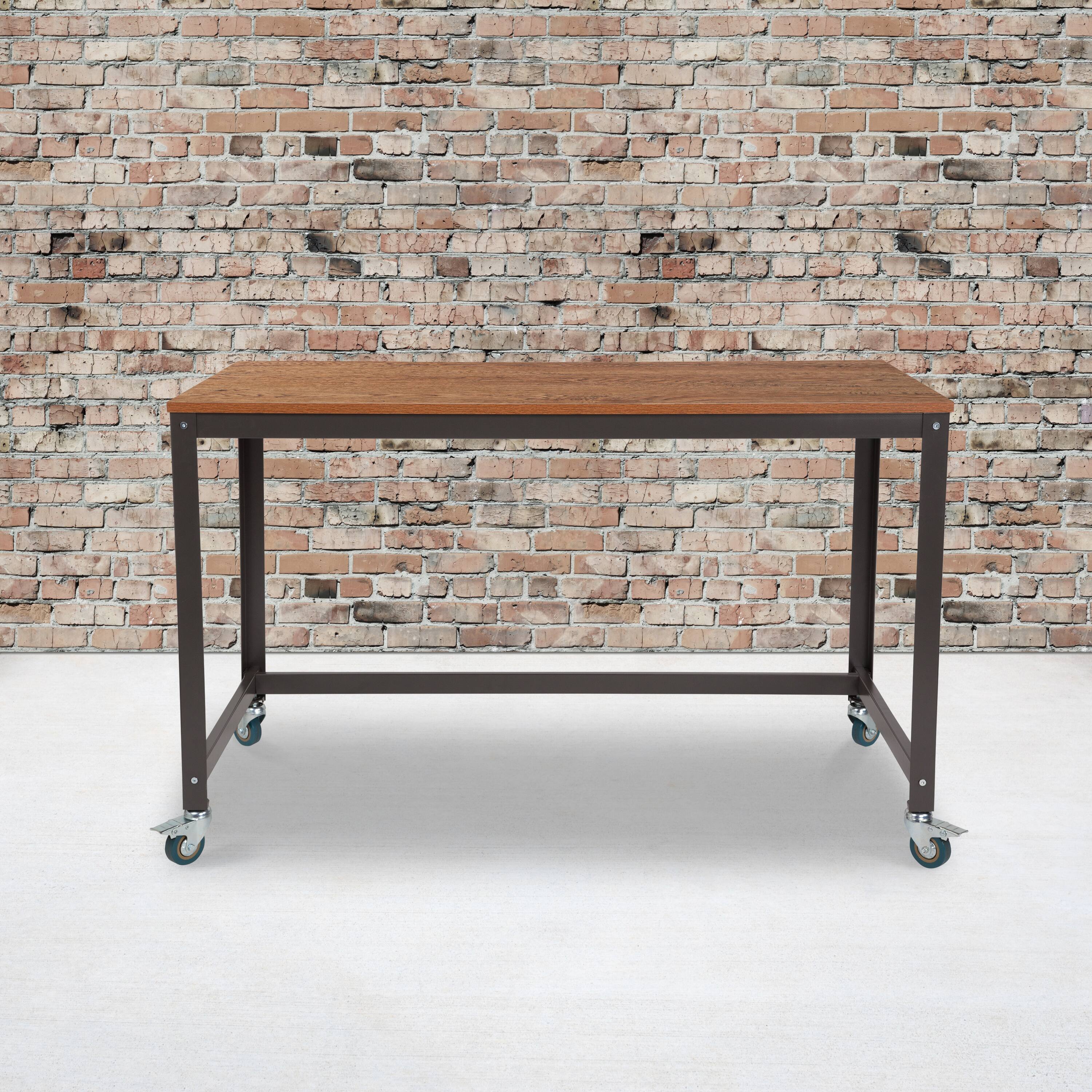 Alt View 1. Emma + Oliver - Computer Table and Desk in Wood Grain Finish with Metal Wheels - Brown Oak.