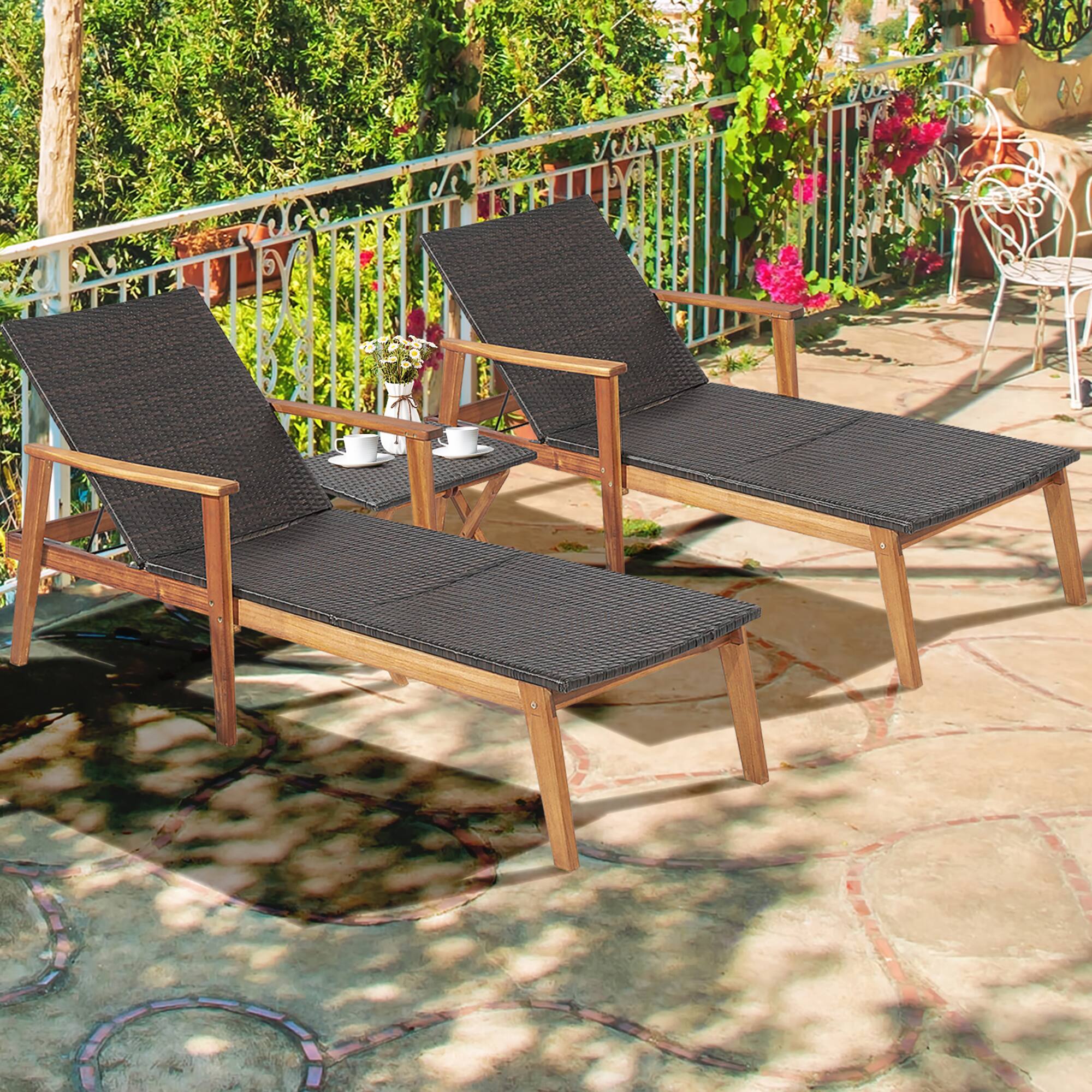 Alt View 3. Costway - Costway 2PCS Patio Rattan Lounge Chair Chaise Recliner Wood Back Adjust W/Folding Table - Mix Brown.