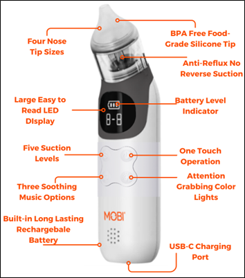 Four Nose Tip Sizes, BPA Free Food-Grade Silicone Tip, Anti-Reflux No Reverse Suction, Large Easy to Read LED Display, Battery Level Indicator, Five Suction Levels, Three Soothing Music Options, One Touch Operation, Attention Grabbing Color Lights, Built-in Long Lasting Rechargeable Battery, USB-C Charging Port