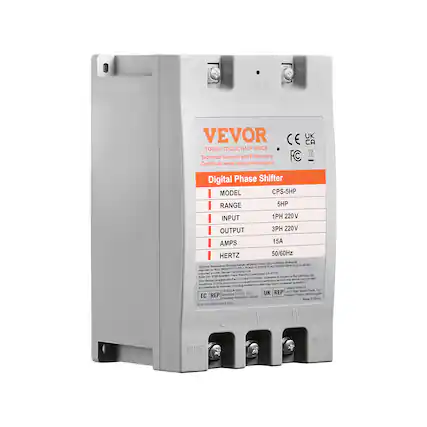 POWER
VEVOR CE UK CA TOUGH TOOLS, HALF PRICE Technical Support and E-Warranty FC Certificate www.vevor.com/support
Digital Phase Shifter
MODEL CPS-5HP
RANGE 5HP
INPUT 1PH 220V
OUTPUT 3PH 220V
AMPS 15A
HERTZ 50/60Hz
Shanghai Shuangchenglu 800kmg NSW 2022 Australia
Address Baoshanqu SIMAO ROKEVA imported a AUS Technology imported USA Sanven CA 91730 Anahaim Place, Rancho Cucamonga, N following DC Suite 250 2155 X subject x Part 11 of the #CC Rules Operation must accept device comples with a this device This hambi device may not cause undesired operation. conditions (1)Thia starlerence not may cause interference received including Group any
Pastedas SHUNSHUN GnbH Albert Edward House The REP Unt Romordoker 22031, 76351 UK Pawlions Preston, United Kogdam REP Holototetter Germany stade