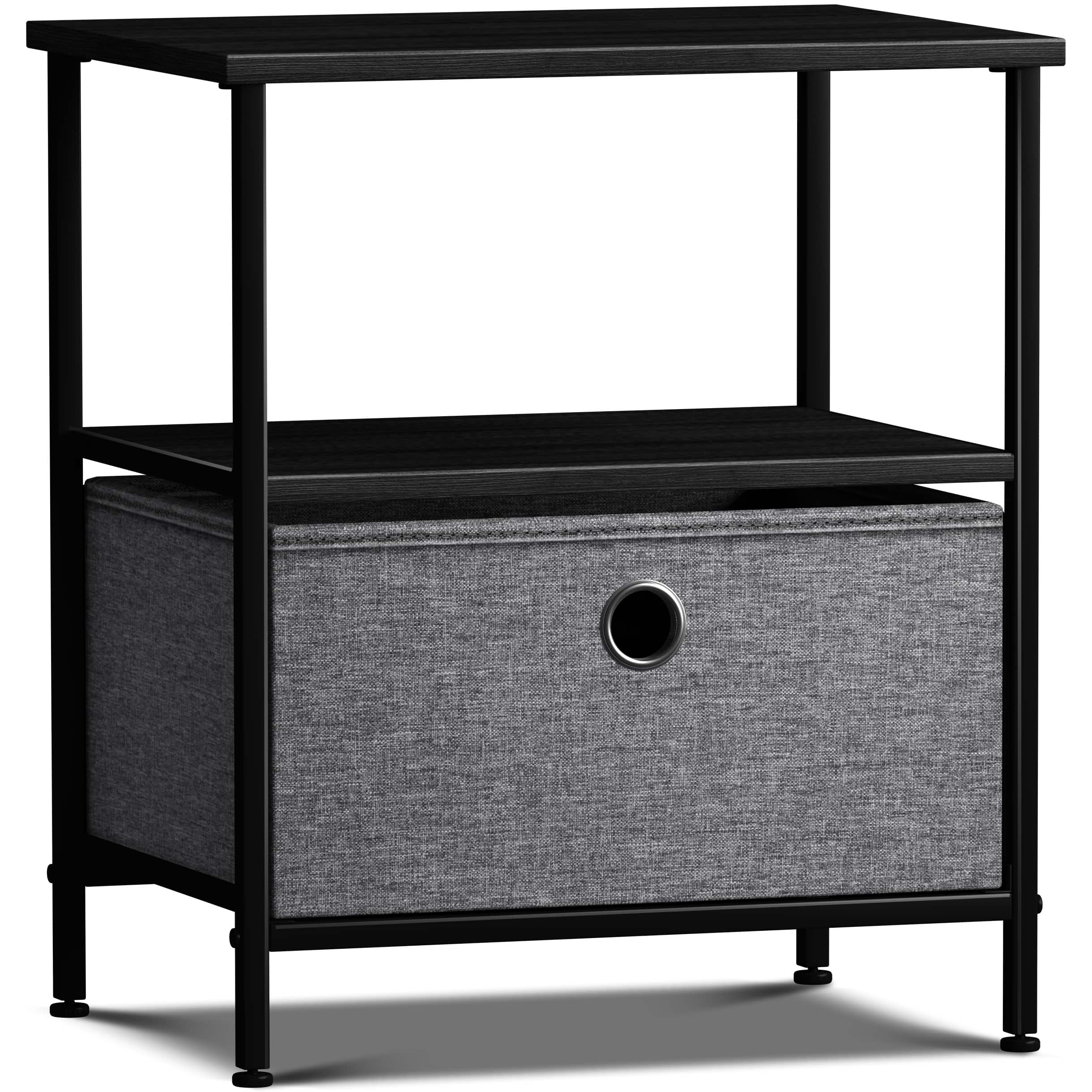 Sorbus - Nightstand 1-Drawer Shelf Storage, Bedside Furniture & Chest Dresser with Steel Frame, Wood Top & Fabric Bins - Black