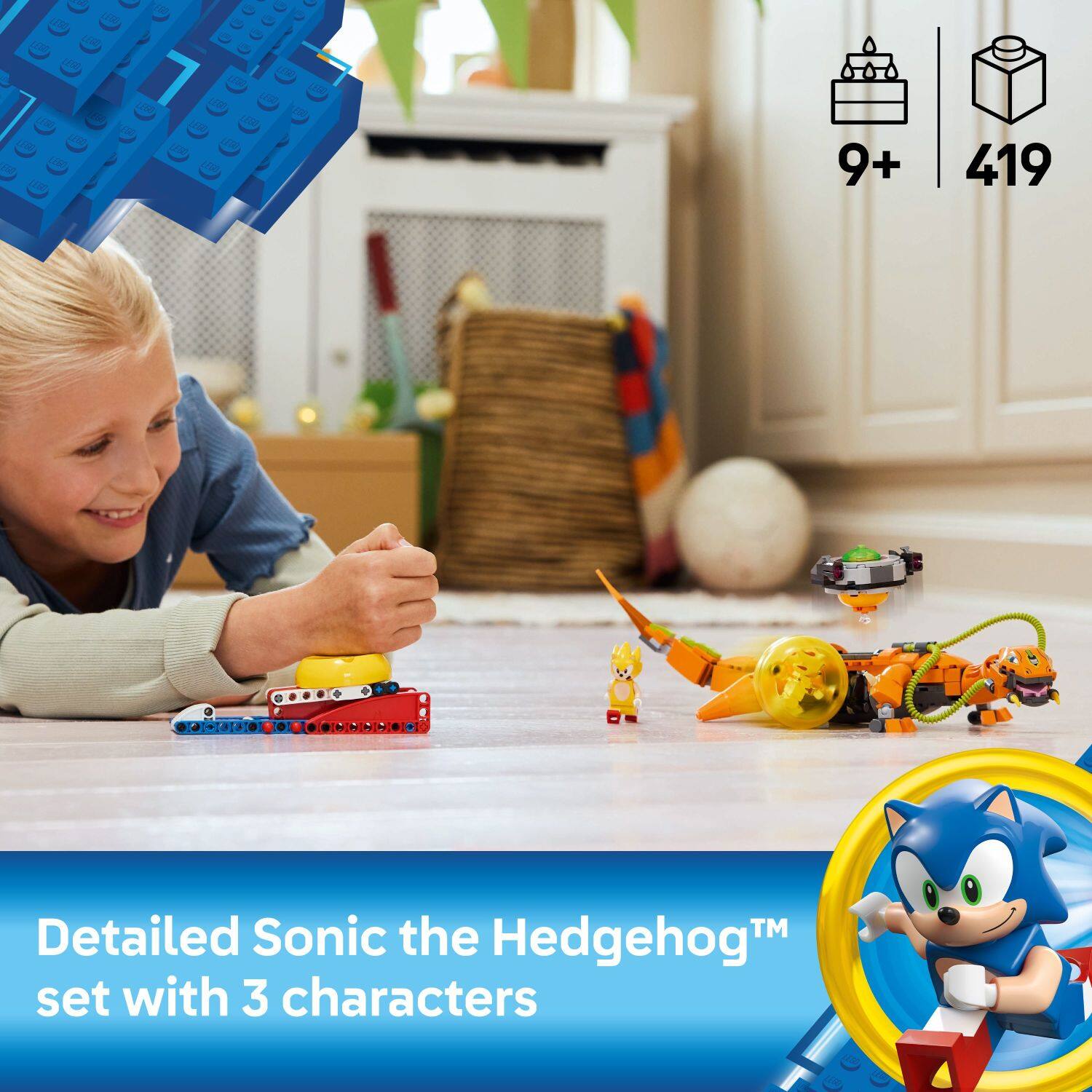 The text on the image is grouped as follows:

1. "Detailed Sonic the Hedgehog set with 3 characters"
2. "9+ 419"