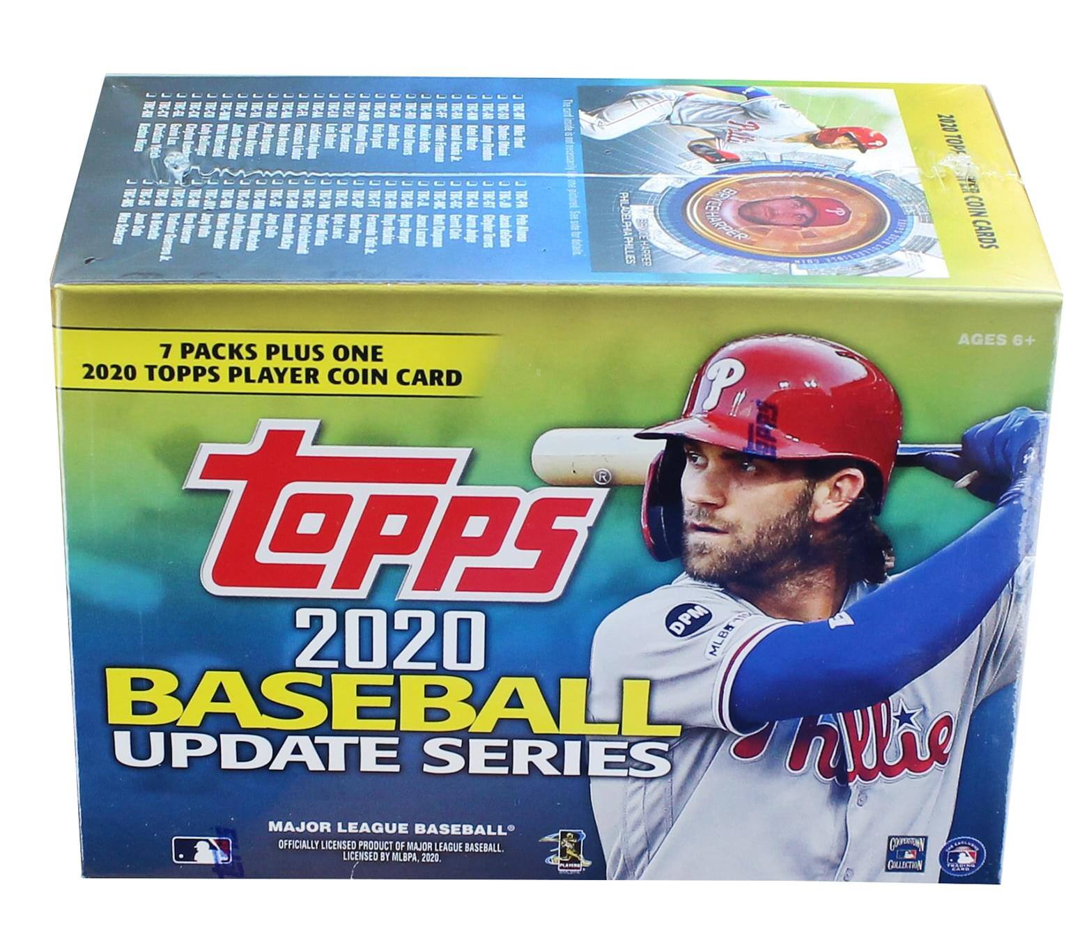 Sure, here is the corrected and grouped text from the image:

---

**Topps 2020 Baseball Update Series**

**7 Packs Plus One 2020 Topps Player Coin Card**

**Ages 6+**

**7 PACKS PLUS ONE 2020 TOPPS PLAYER COIN CARD**

**MAJOR LEAGUE BASEBALL®**

**OFFICIALLY LICENSED PRODUCT OF MAJOR LEAGUE BASEBALL**

**LICENSED BY MLBPA, 2020**

**PHILADELPHIA PHILLIES**

**2020 TOPPS PLAYER COIN CARDS**

**AGES 6+**

**7 PACKS PLUS ONE 2020 TOPPS PLAYER COIN CARD**

**MAJOR LEAGUE BASEBALL®**

**OFFICIALLY LICENSED PRODUCT OF MAJOR LEAGUE BASEBALL**

**LICENSED BY MLBPA, 2020**

**PHILADELPHIA PHILLIES**

**2020 TOPPS PLAYER COIN CARDS**

**AGES 6+**

**7 PACKS PLUS ONE 2020 TOPPS PLAYER COIN CARD**

**MAJOR LEAGUE BASEBALL®**

**OFFICIALLY LICENSE
