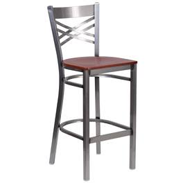 Flash Furniture - HERCULES Series Silver Antique Finish with Clear Coat ''X'' Back Metal Restaurant Barstool - Cherry Wood Seat - Red