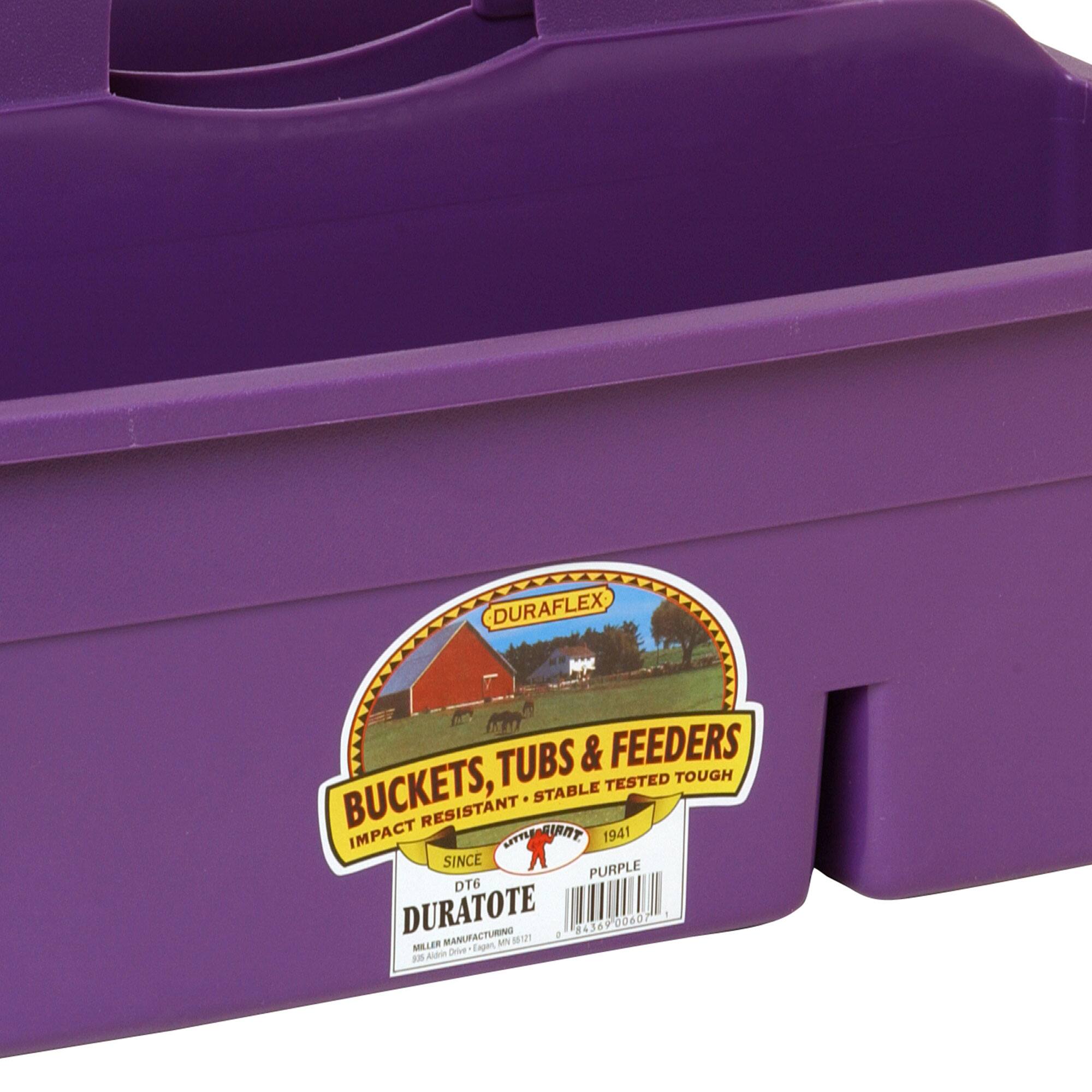 DURAFLEX TUBS & FEEDERS TESTED TOUGH  
BUCKETS, STABLE RESISTANT IMPACT  
LITTLE SINCE 1941  
PURPLE DT6  
DURATOTE MANUFACTURING  
48436900607  
43 00607  
MILLER Ose Cape F Kibin