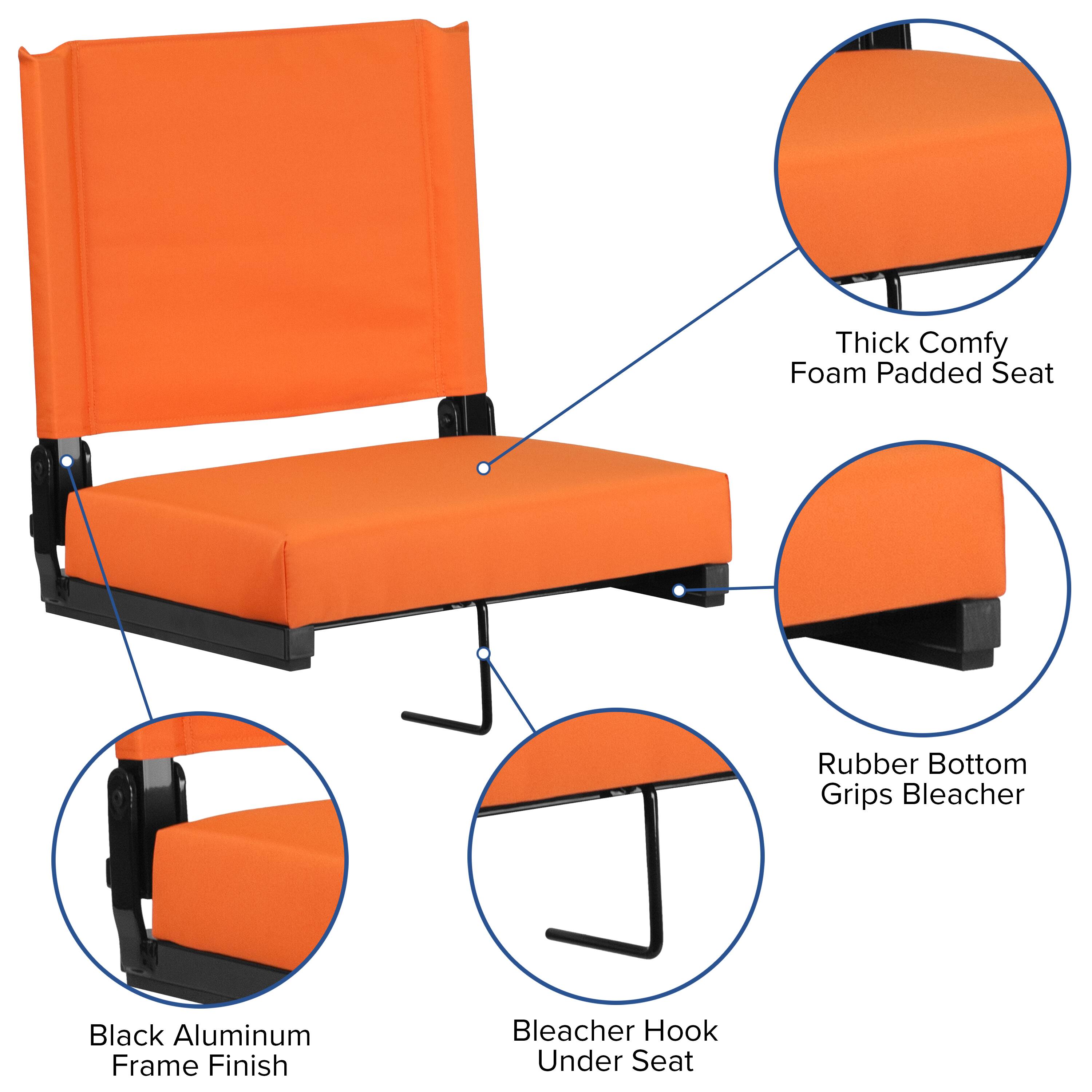 Thick Comfy Foam Padded Seat  
Rubber Bottom Grips Bleacher  
Black Aluminum Frame Finish  
Bleacher Hook Under Seat