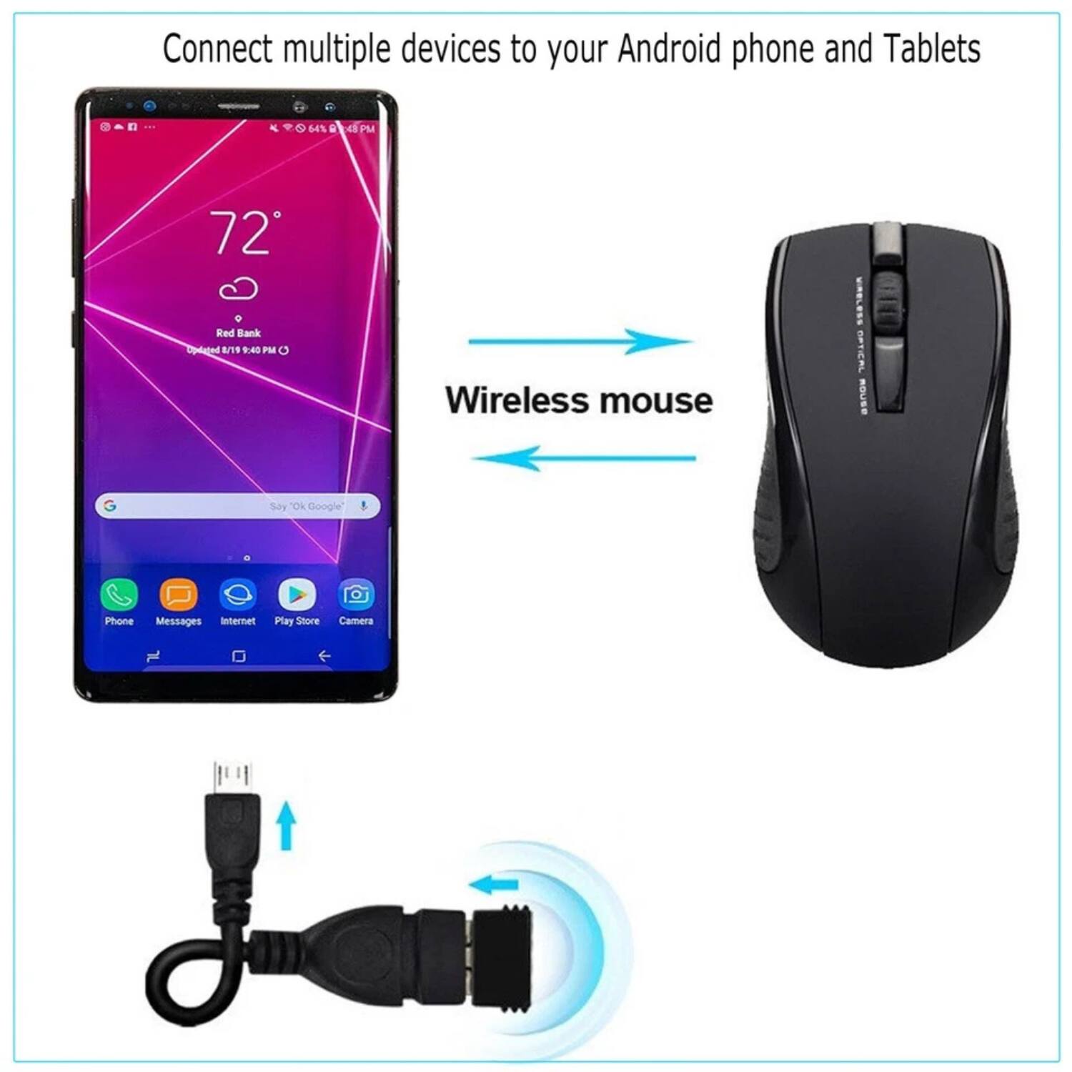 Connect multiple devices to your Android phone and Tablets

Wireless mouse

Phone Messages Internet Play Store Camera