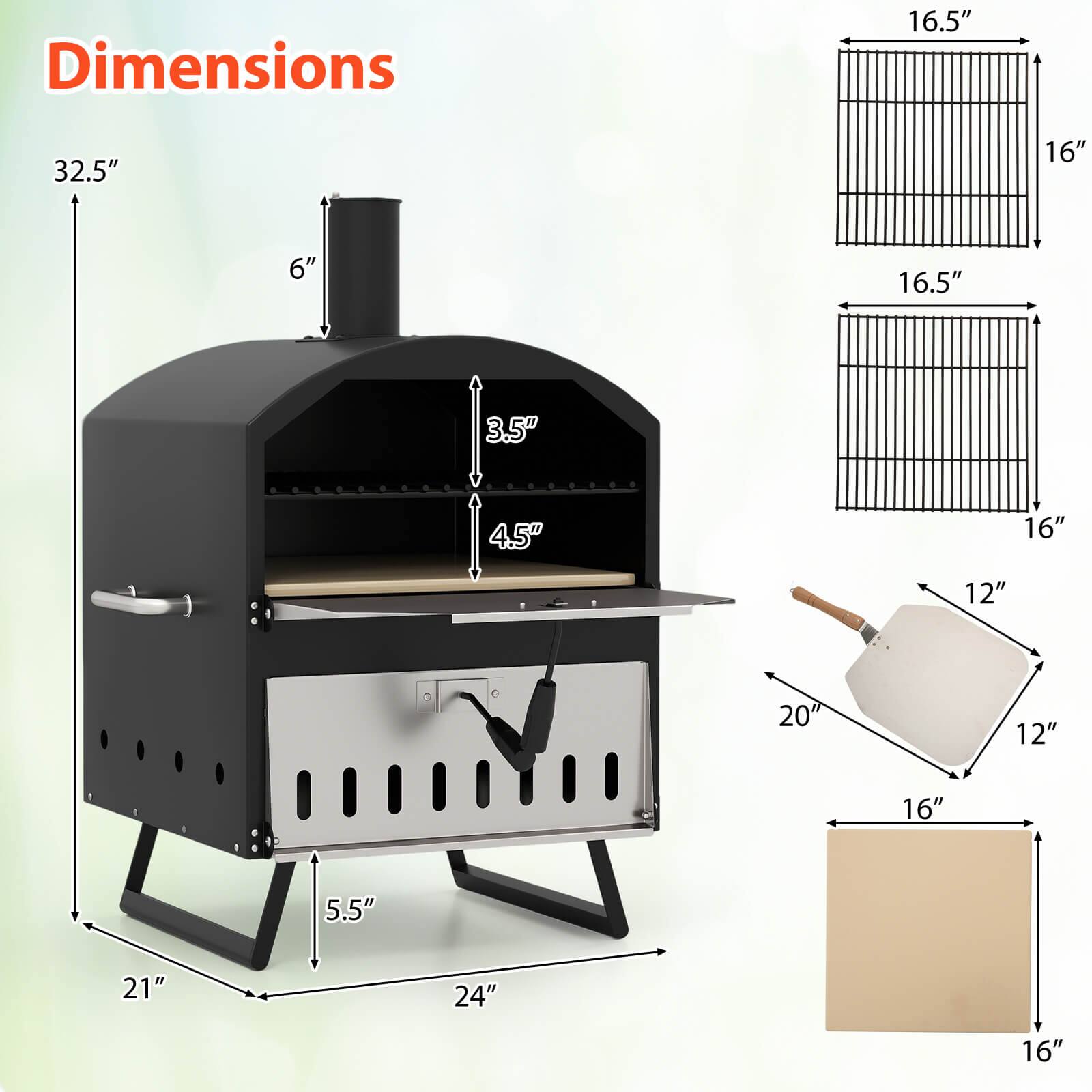 Dimensions:
- Height: 32.5"
- Width: 21"
- Depth: 24"
- Chimney: 6"
- Interior Height: 3.5"
- Interior Width: 4.5"
- Interior Depth: 5.5"
- Grate Dimensions: 16.5" x 16"
- Grill Dimensions: 20" x 12"
- Side Table Dimensions: 16" x 16"