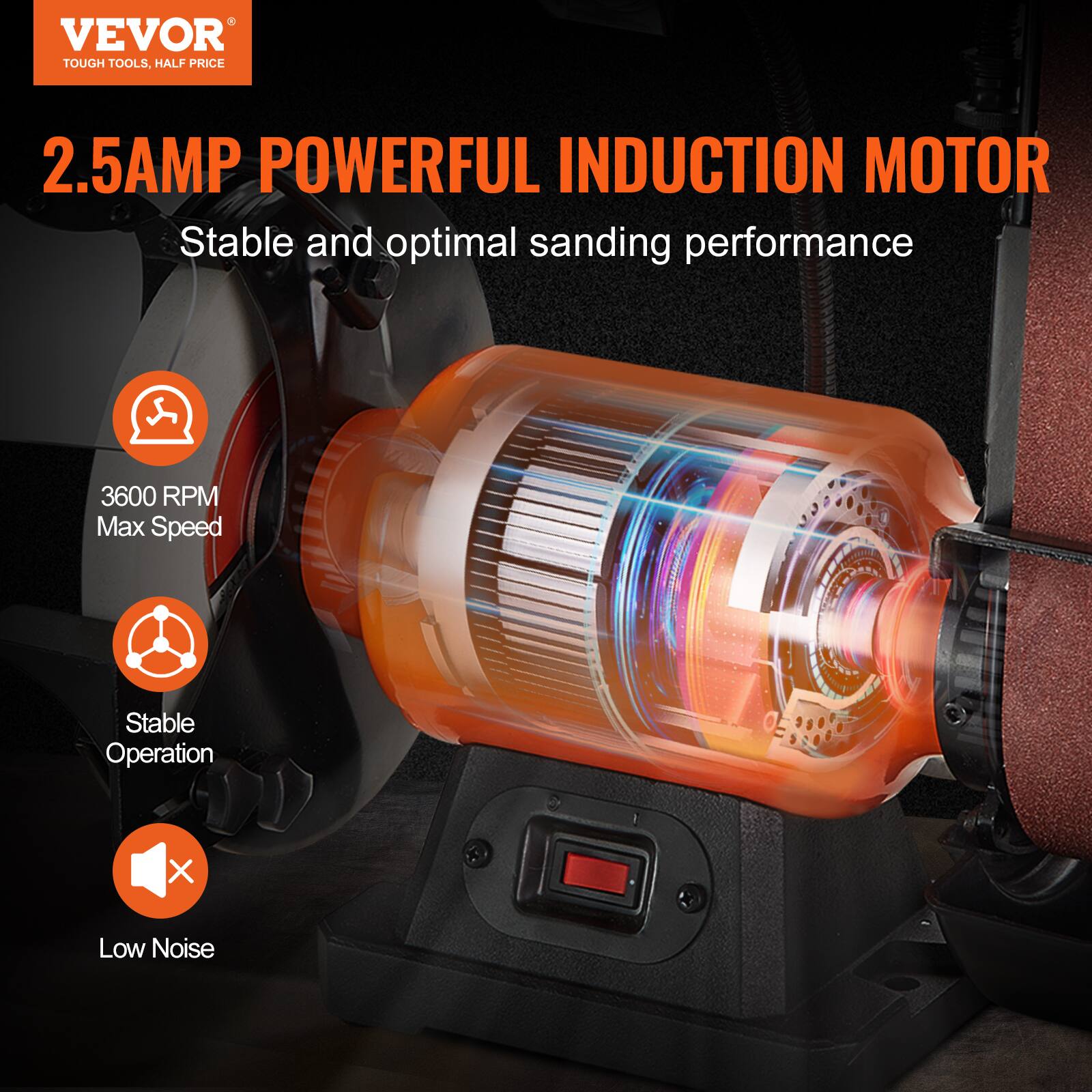 VEVOR TOUGH TOOLS, HALF PRICE

2.5AMP POWERFUL INDUCTION MOTOR
Stable and optimal sanding performance

3600 RPM Max Speed
Stable Operation
Low Noise