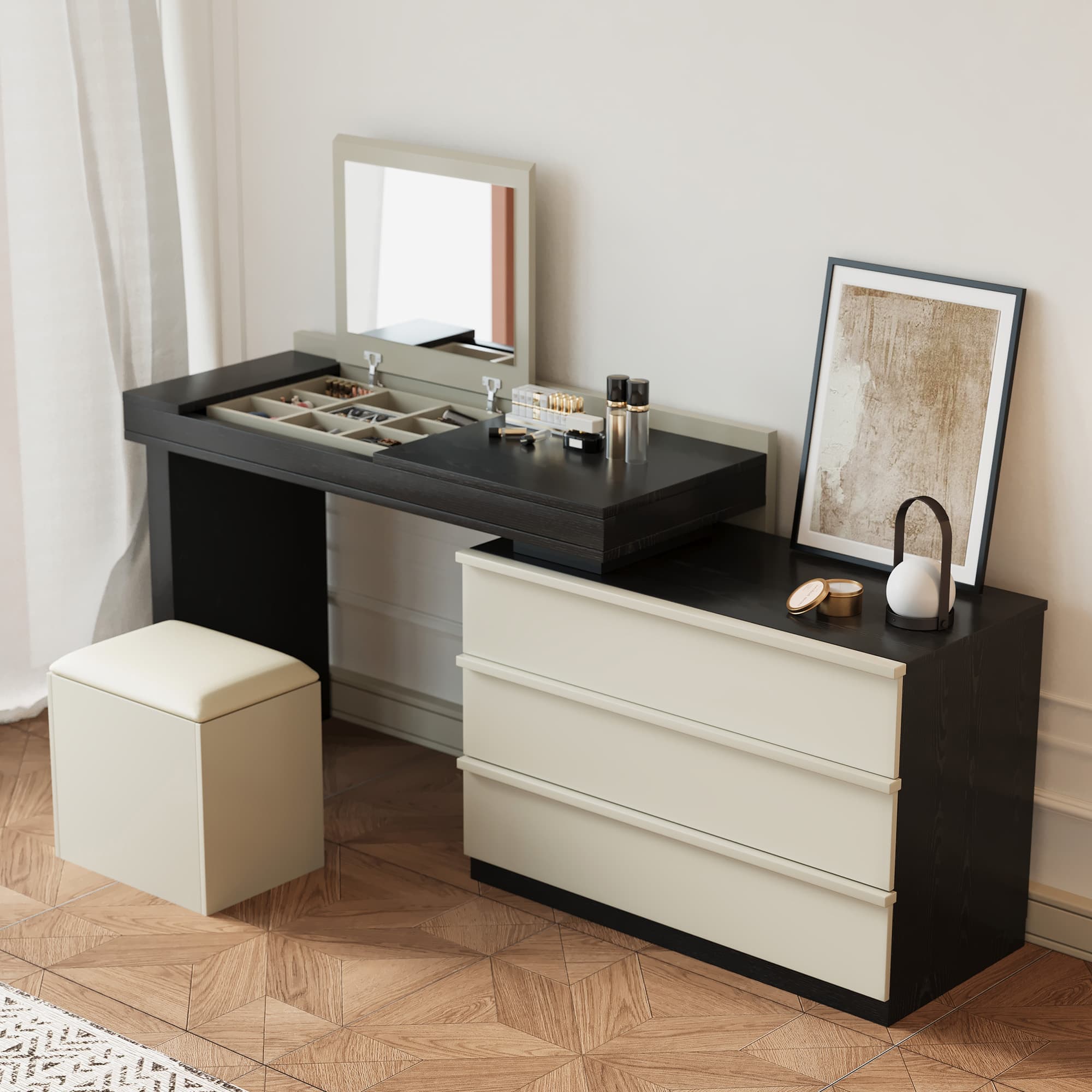 luck idea - Modern Expandable Countertop Vanity with Hidden Mirror, Storage Drawers and Dressing Stool - Black