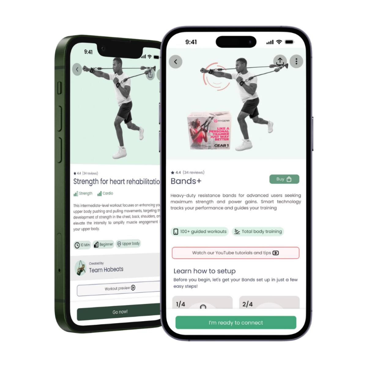 **9:41**

**ECE LINE A**

**PERSONAL TRAINER JUST WAY DETTER CEAR1**

**4.4 (34 reviews)**

**Strength for heart rehabilitation**

**Bands+**

**Strength Cardio**

This intermediate-level workout focuses on enhancing your upper body pushing and pulling movements, targeting the development of strength in the chest, back, shoulders, and arms. Elevate the intensity to amplify muscle engagement on your upper body.

**10 Min**  
**Beginner**  
**Upper body**

Created by  
Team Habeats

Workout preview

Go now!

---

**4.4 (34 reviews)**

**Bands+**

Heavy-duty resistance bands for advanced users seeking maximum strength and power gains. Smart technology tracks your performance and guides your training.

**100+ guided workouts**  
**Total body training**

Watch our YouTube tutorials and tips

Learn how to setup

Before you begin, let's get your Bands set up in just a few easy steps!

**1/4**  
**2/4**

I'm ready to connect