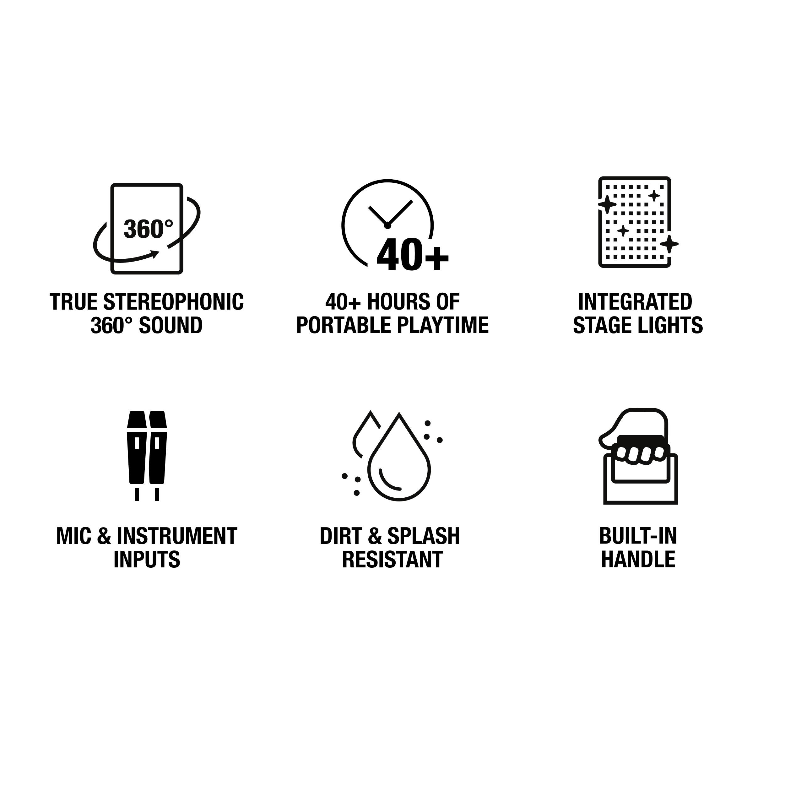 - True Stereophonic 360° Sound
- 40+ Hours of Portable Playtime
- Integrated Stage Lights
- Mic & Instrument Inputs
- Dirt & Splash Resistant
- Built-in Handle