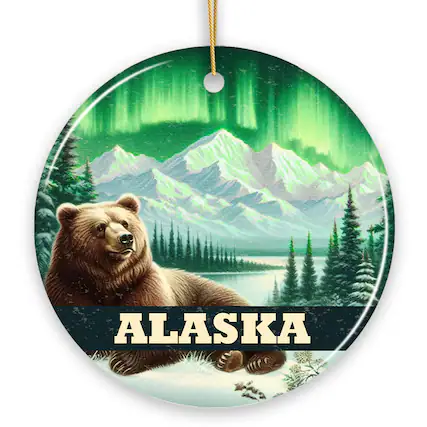 Front. OrnamentallyYou - Majestic Alaska Wilderness Vintage Ornament, Northern Lights Grizzly Bear Christmas Gift and Nature - Multi-colored.