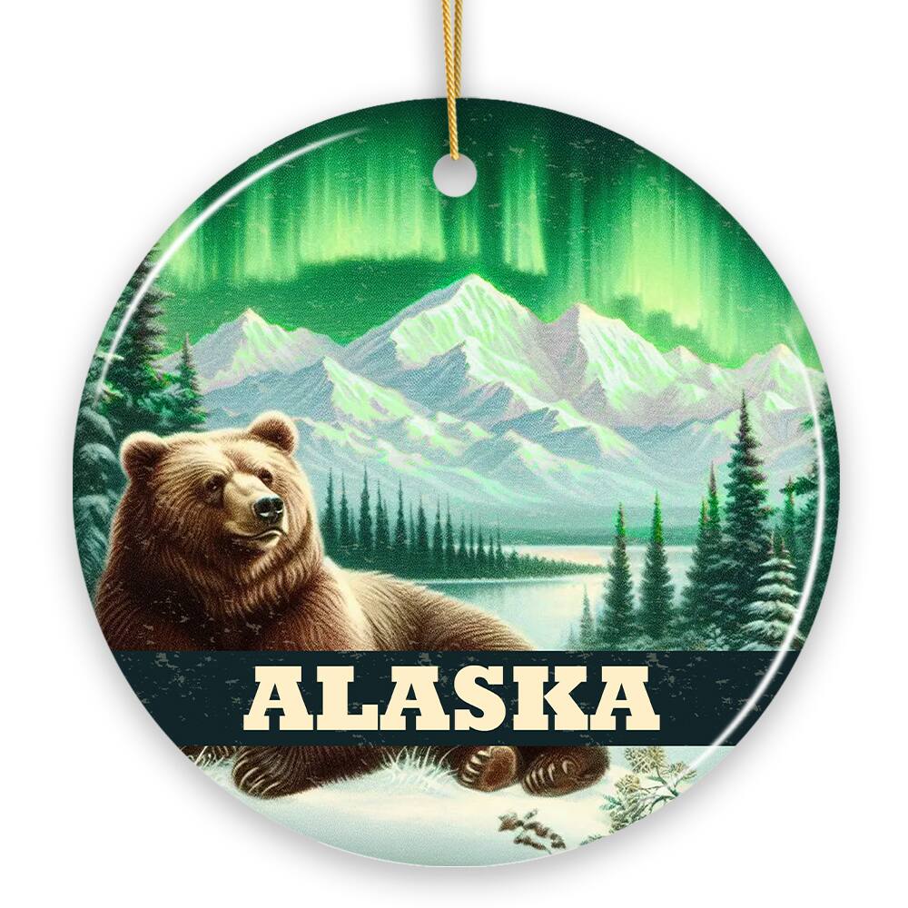 Front. OrnamentallyYou - Majestic Alaska Wilderness Vintage Ornament, Northern Lights Grizzly Bear Christmas Gift and Nature - Multi-colored.
