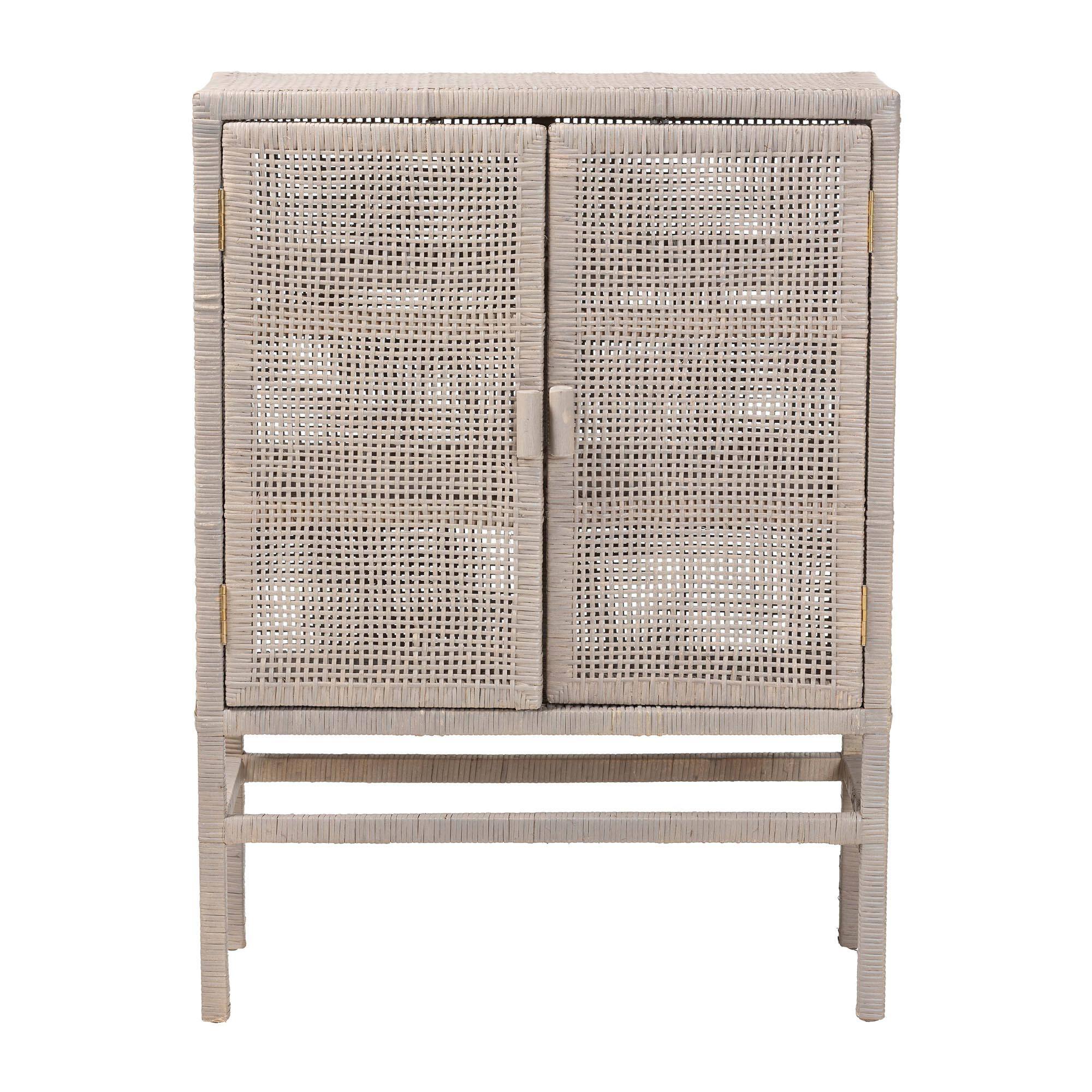 Left. bali & pari - Vivan Natural Rattan Storage Cabinet - 3-Tier Handwoven Wicker Accent Cabinet with Double Doors and Elevated Base - French Grey.