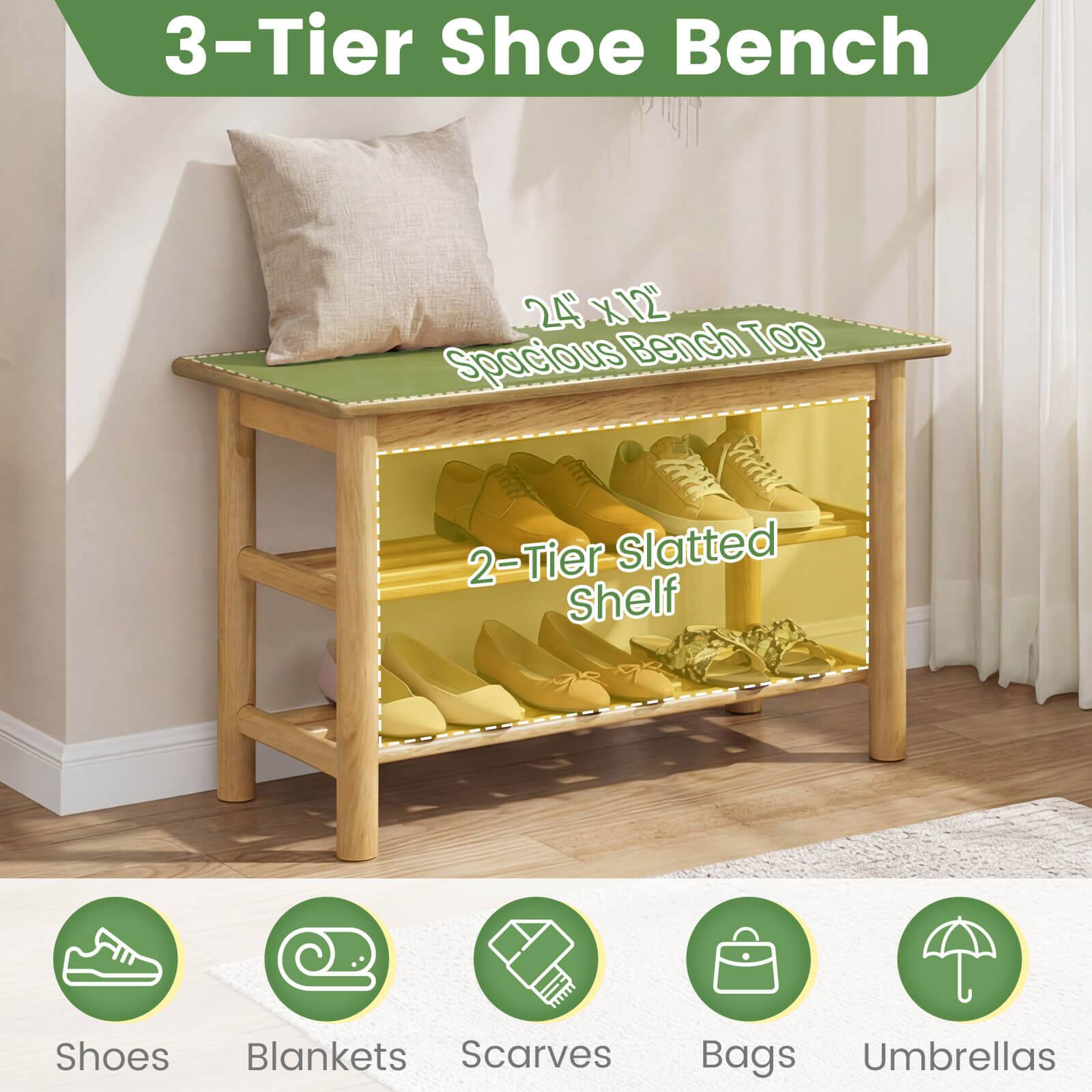 3-Tier Shoe Bench  
24" x 12" Spacious Bench Top  
2-Tier Slatted Shelf  
Shoes, Blankets, Scarves, Bags, Umbrellas