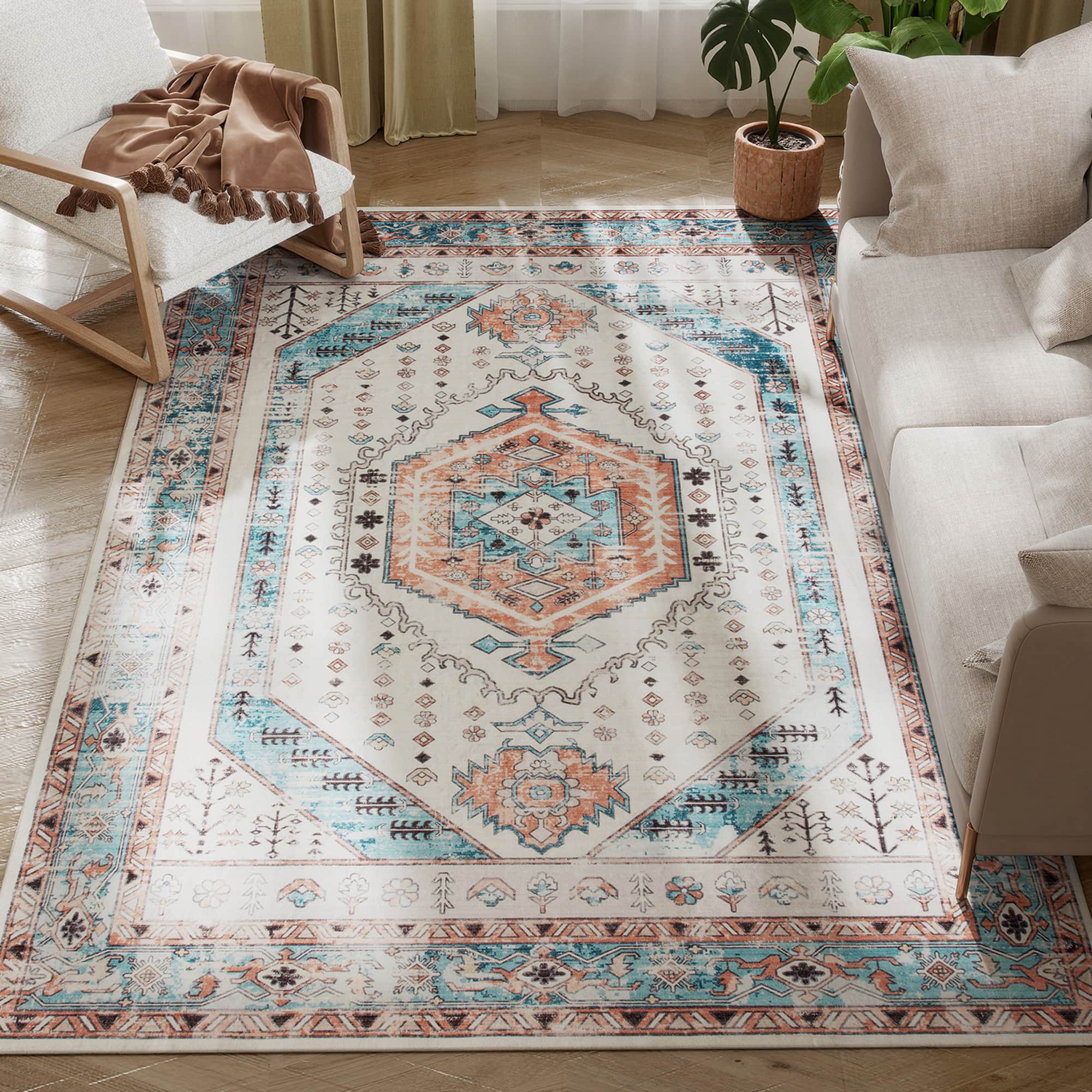 Homcom - 5x7 Vintage Rug: Mach-Wash Non-Slip Blue Carpet, Indoor Floor Boho Distressed Living Room - Brown and Blue
