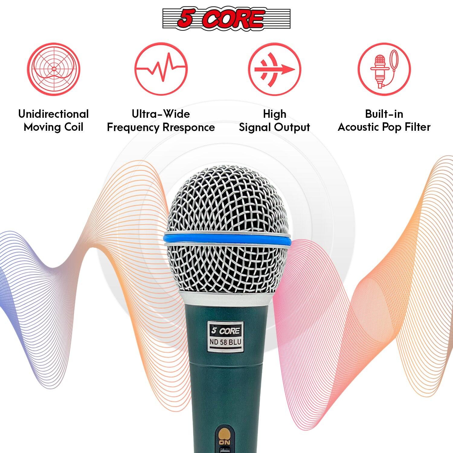 5 CORE Unidirectional Ultra-Wide High Moving Coil Frequency Response Signal Output Built-in Acoustic Pop Filter 5 CORE ND 58 BLU ON