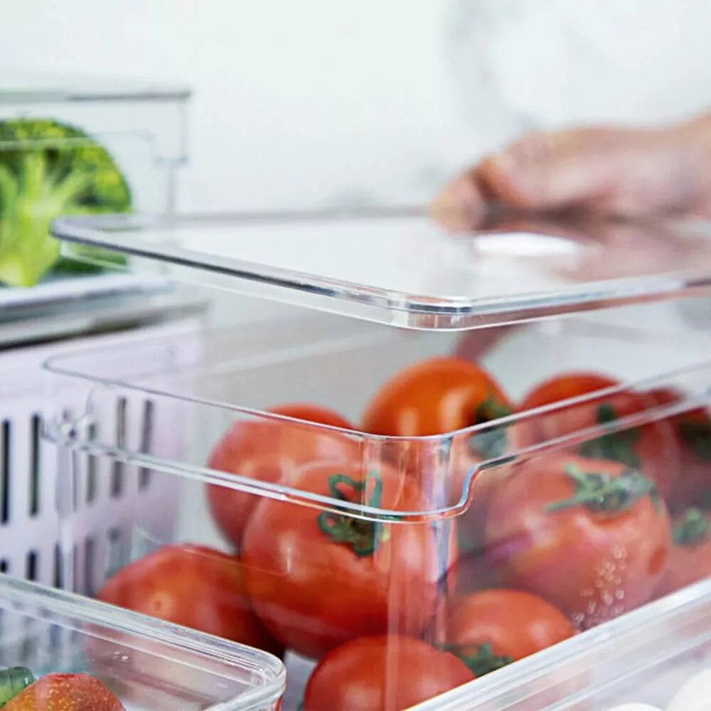 Alt View 4. OU - OU Fridge Organizer Set with Lids, Refrigerator Storage Bins with Drainer Tray and Vent Lid, 5 Pack - Clear.