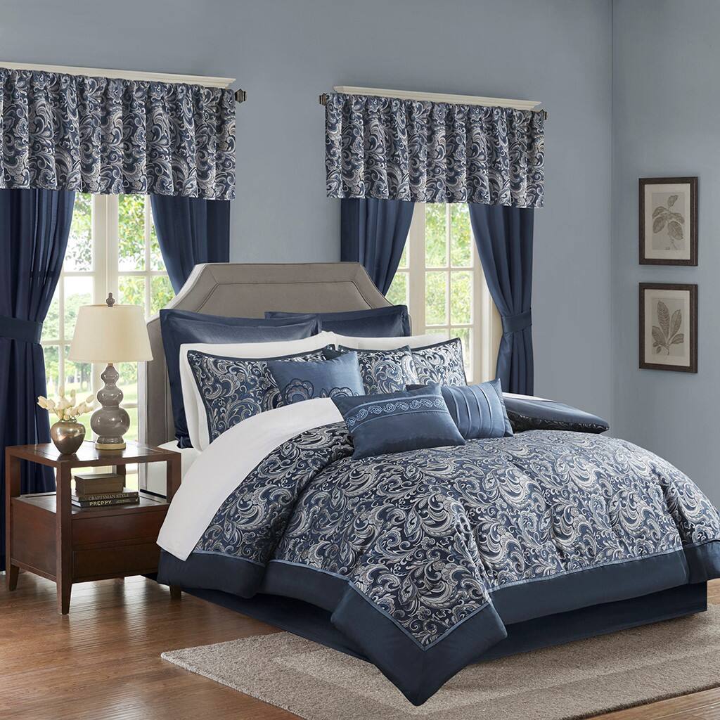Alt View 4. Gracie Mills - Gracie Mills Pruitt 24-Piece Jacquard Paisley Room-in-a-Bag Set - Navy.