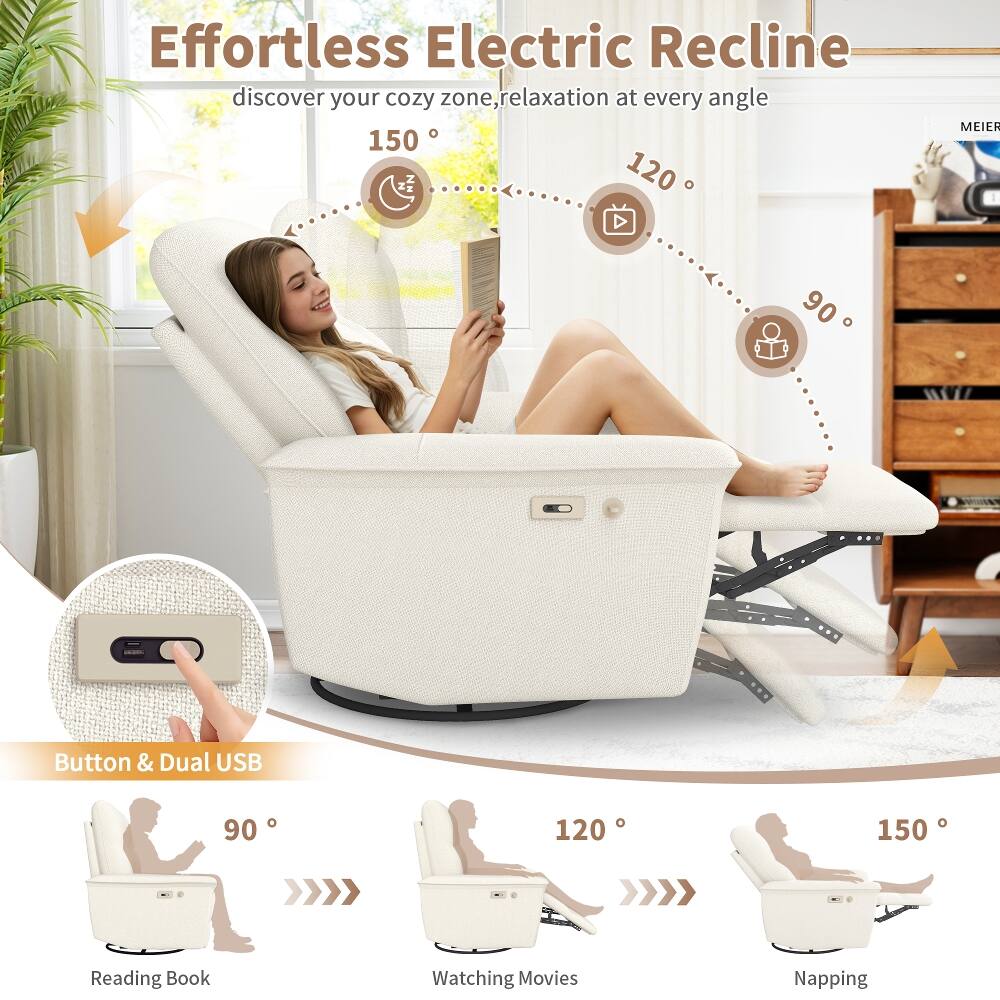Effortless Electric Recline  
discover your cozy zone, relaxation at every angle  

150°  
120°  
90°  

Button & Dual USB  

Reading Book  
Watching Movies  
Napping