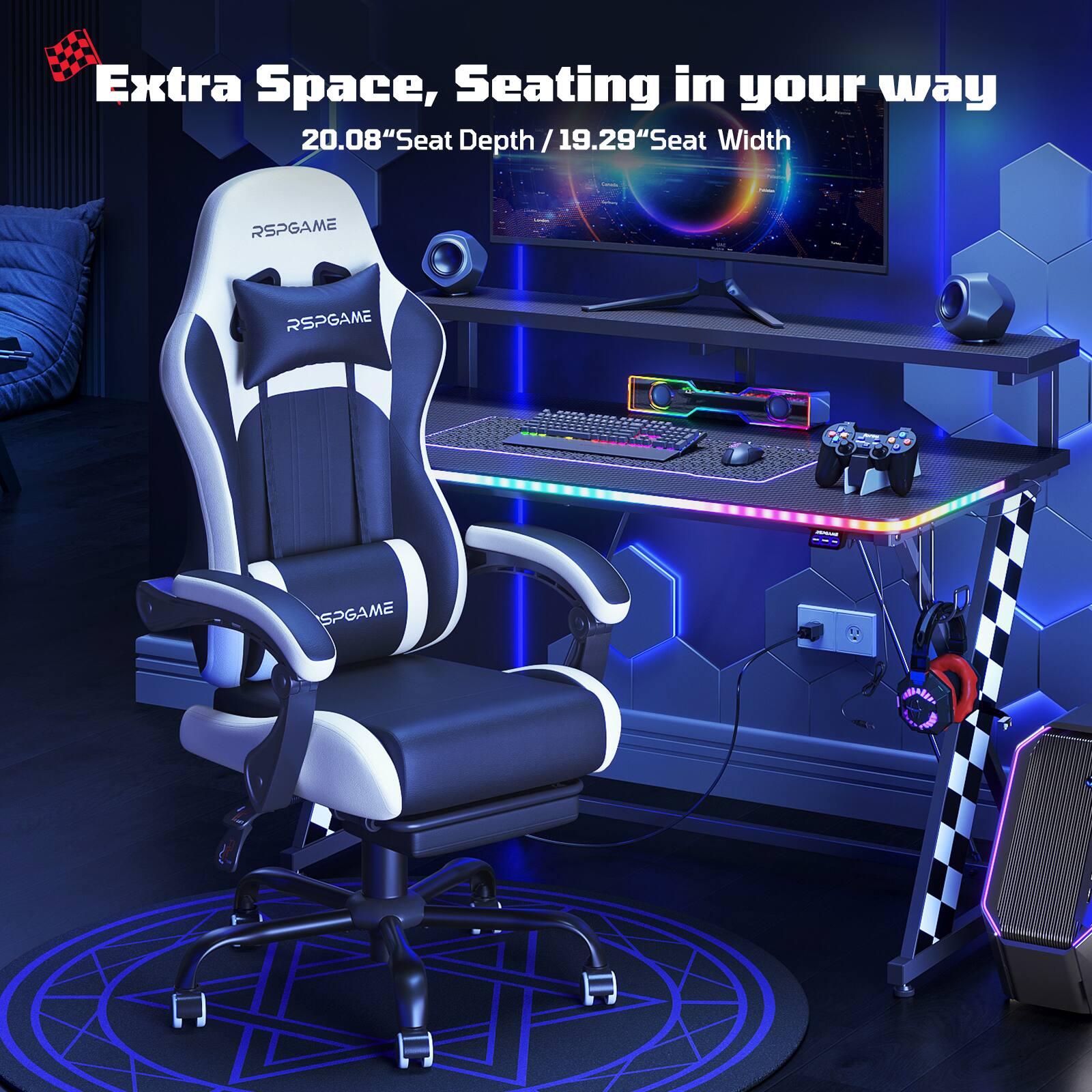 Extra Space, Seating in your way  
20.08" Seat Depth / 19.29" Seat Width  
RSPGAME