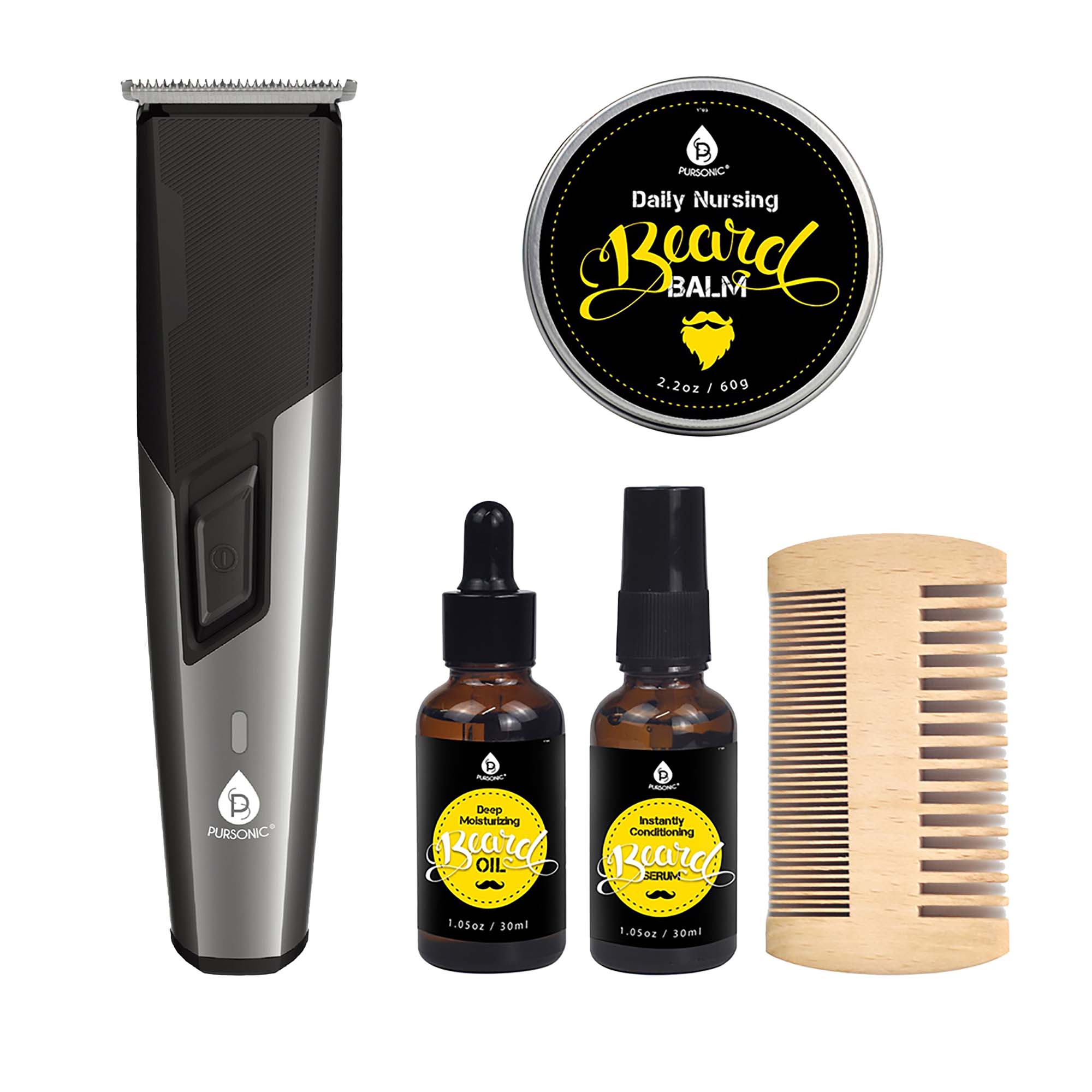 PURSONIC Daily Nursing Beard BALM  
2.2oz / 60g  

PURSONIC Deep Moisturizing Beard OIL  
1.05oz / 30ml  

PURSONIC Instantly Conditioning Beard SERUM  
1.05oz / 30ml