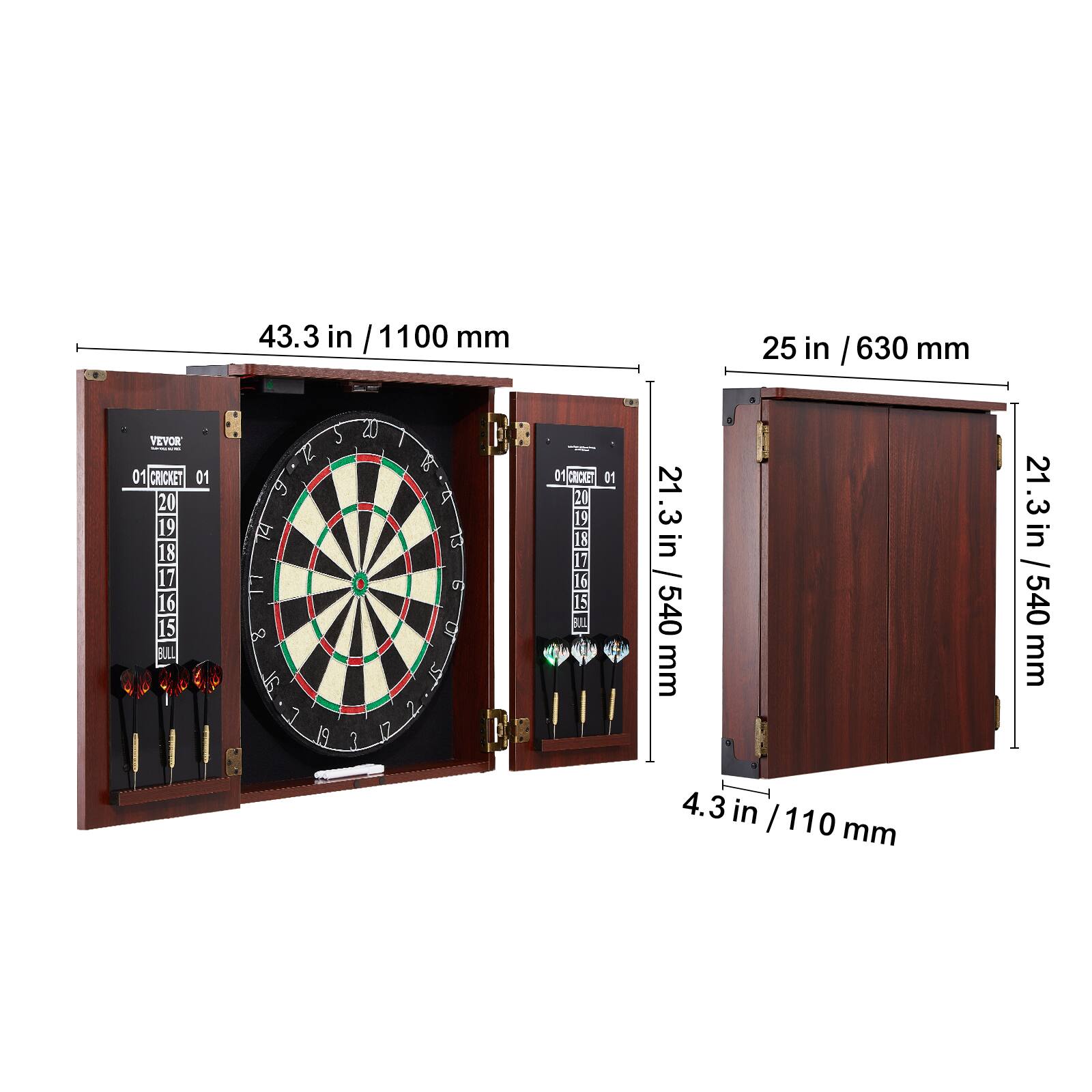 43.3 in / 1100 mm

25 in / 630 mm

21.3 in / 540 mm

4.3 in / 110 mm

VEVOR

01 CRICKET 01

20 19 18 17 16 15 BULL 12 9 14 17

DO ST

Pl 4

17 & a 0 9 1S X 01 CEC 0

21.3 in / 540 mm