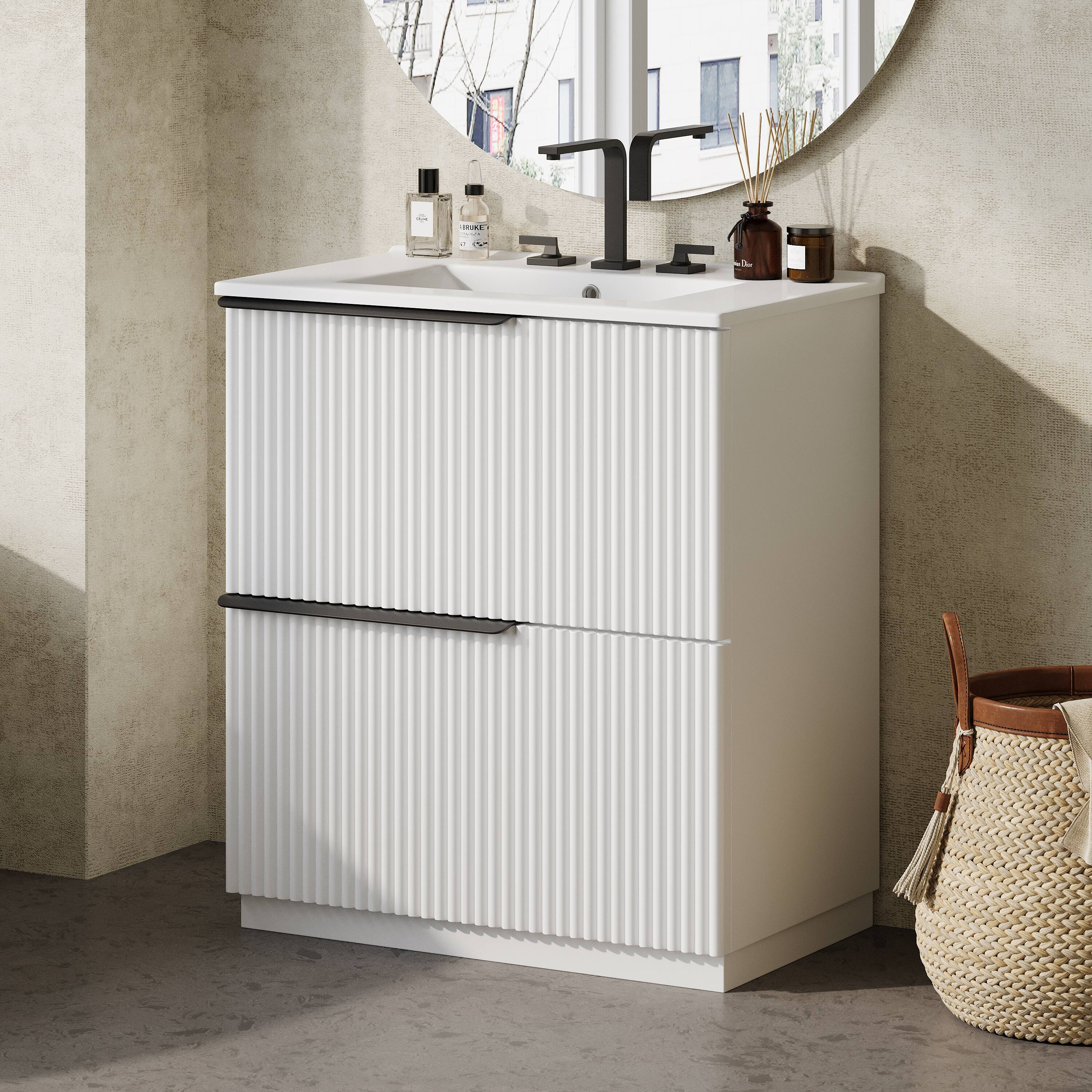 Back. Loheer - 2.5 ft Bathroom Vanity with Ceramic Sink, Soft-Close Full-Extension Drawers, Fluted Design - White.