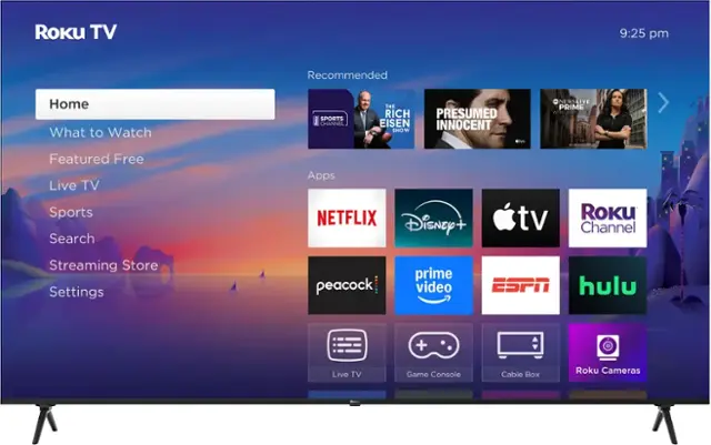 Roku TV 9:25 pm Recommended Home What to Watch Sports Channel The Rich Presumed Innocent Show IVe - NewsLive Prime with LNSS D K Featured Free Live TV Sports Search Apps Netflix Disney+ tv Roku Channel Streaming Store Settings Peacock Prime Video ESPN Hulu + Live TV Game Console Cable Box Roku Cameras ROKU