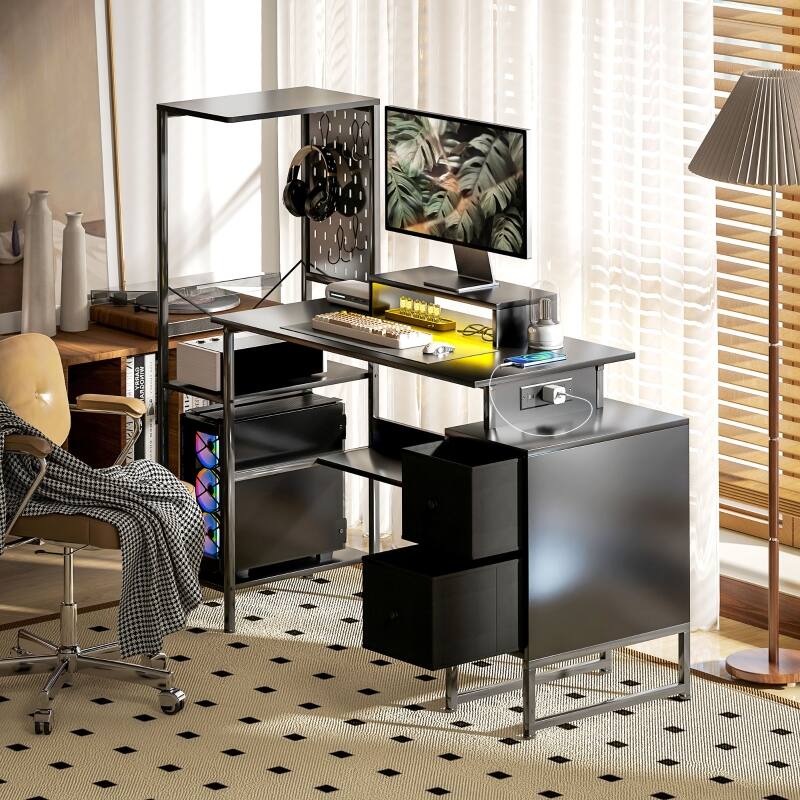 Angle. Anysun - 56" Computer Desk with Power Outlets, LED Lights & Storage, Gaming or Home Office Workstation - Black.