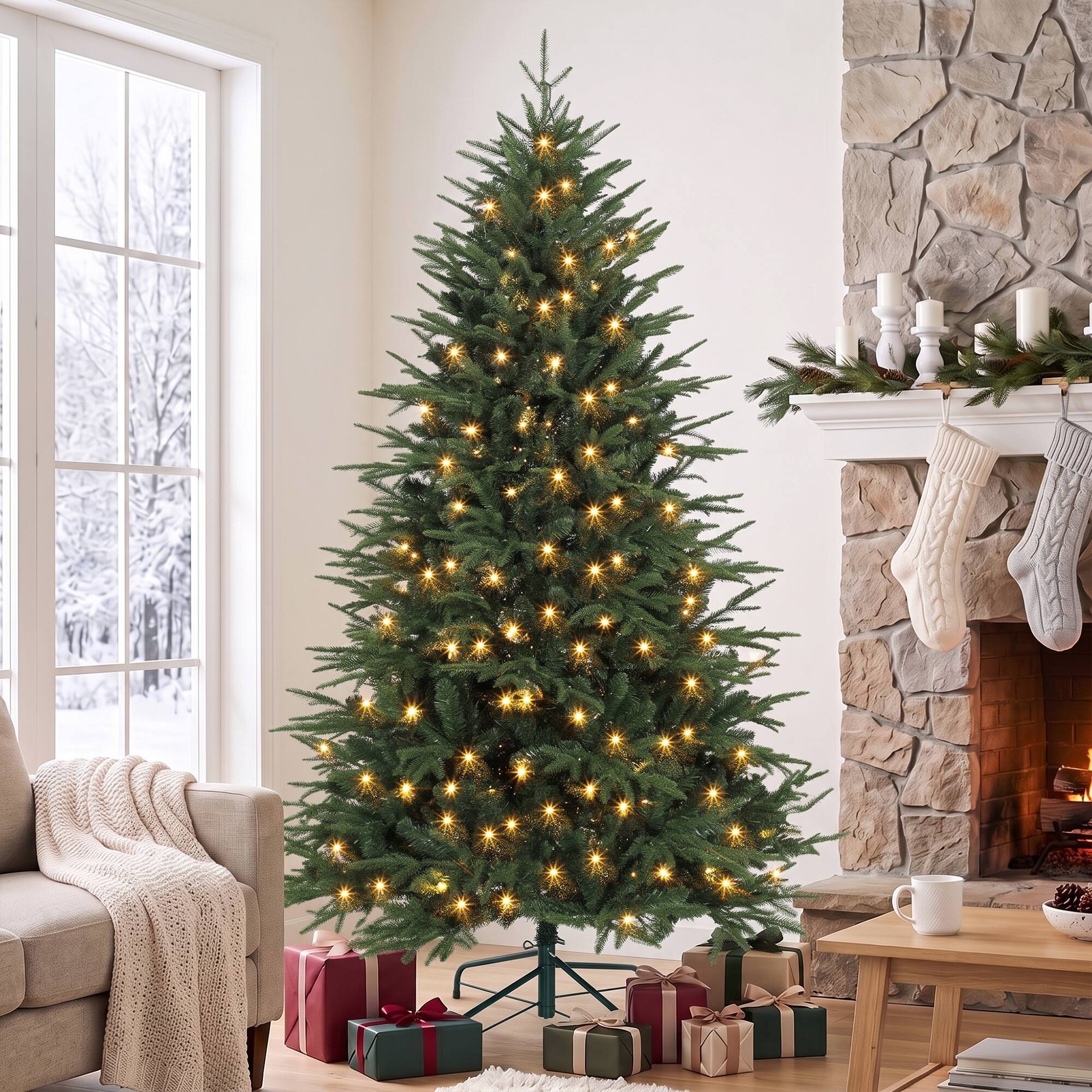 Alt View 1. Homcom - Prelit Christmas Tree, Wide Artificial Hinged Xmas Tree with 300 Warm White LED Lights - Green.